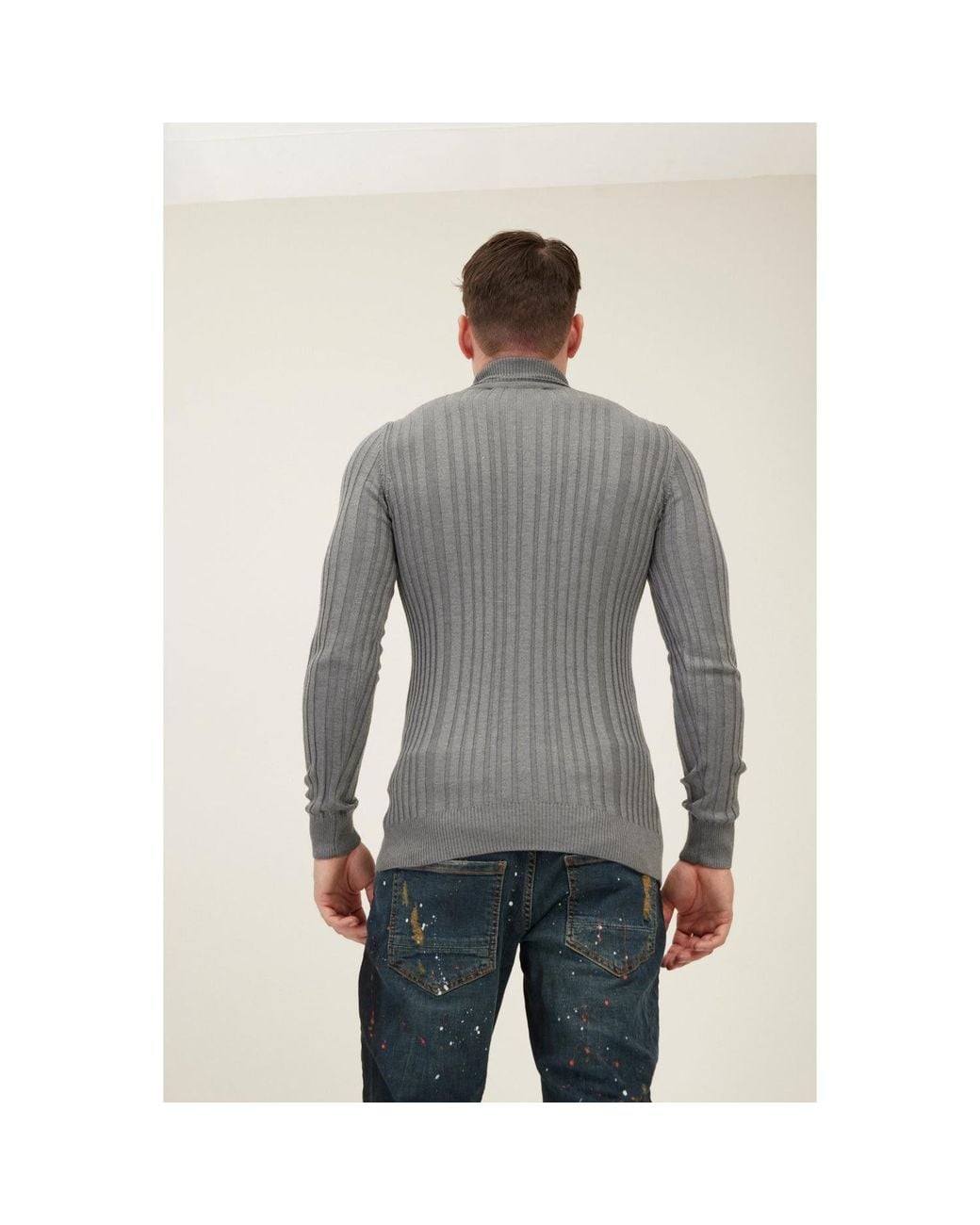 Ron Tomson Gray Roll Neck Ribbed Sweater for men