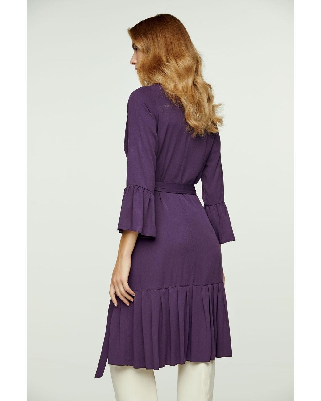 Conquista Purple Aubergine Wrap Dress Viscose With Bell Sleeves