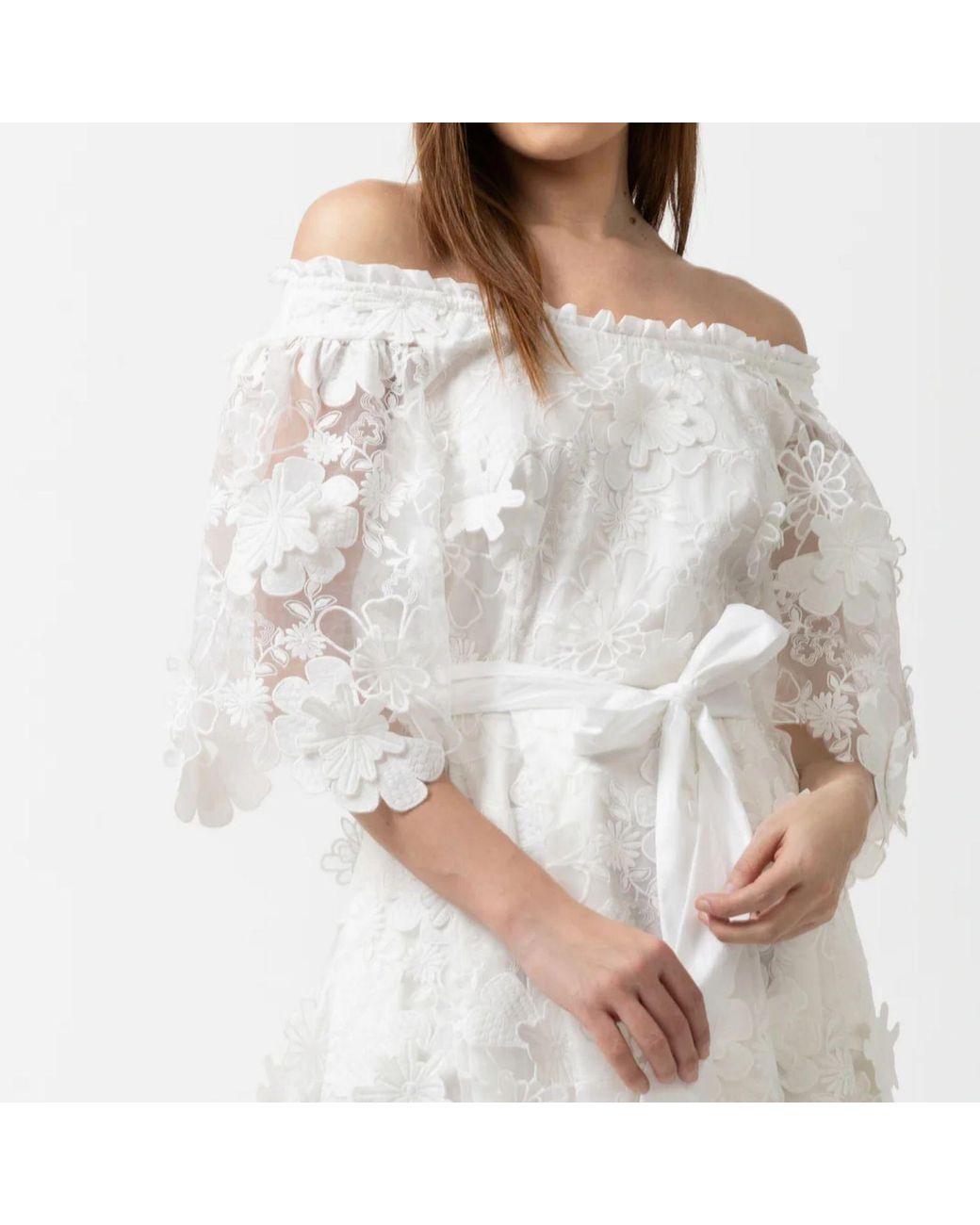 IZABELA MANDOIU Natural Midi Dress With Off-Shoulder And Floral Appliqués