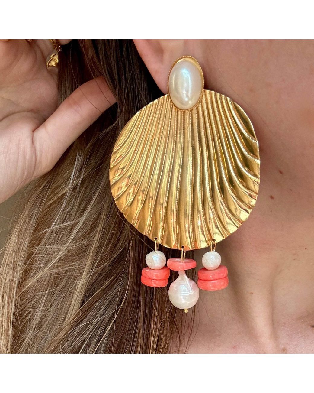 Laura Gray Green Coral & Pearl Shell Earrings