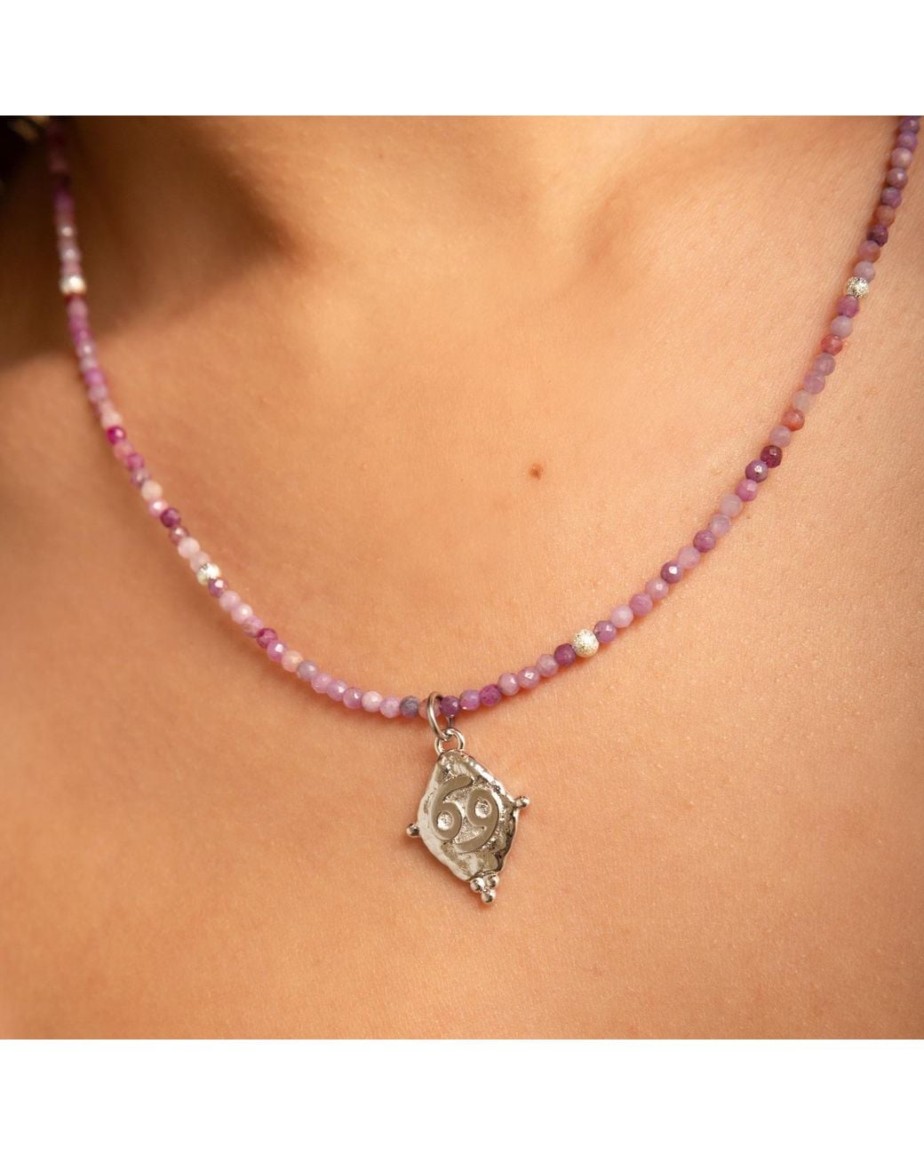 Seven Saints Metallic Cancer Gemstone Choker Necklace, Ruby, Rhodium Plated