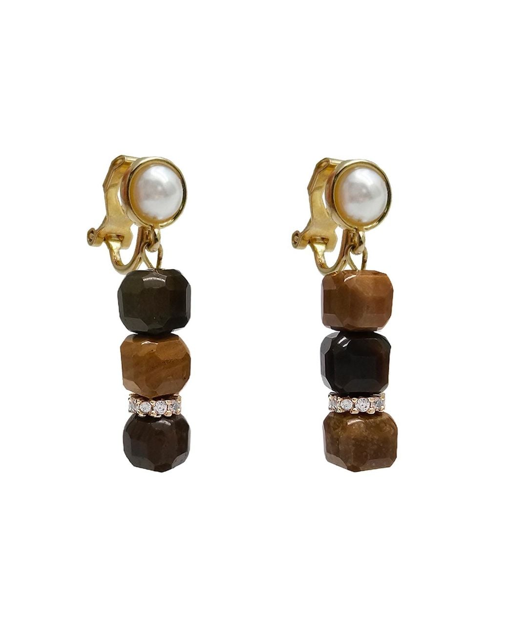 Farra Metallic Cube Tiger Eye Clip-On Earrings