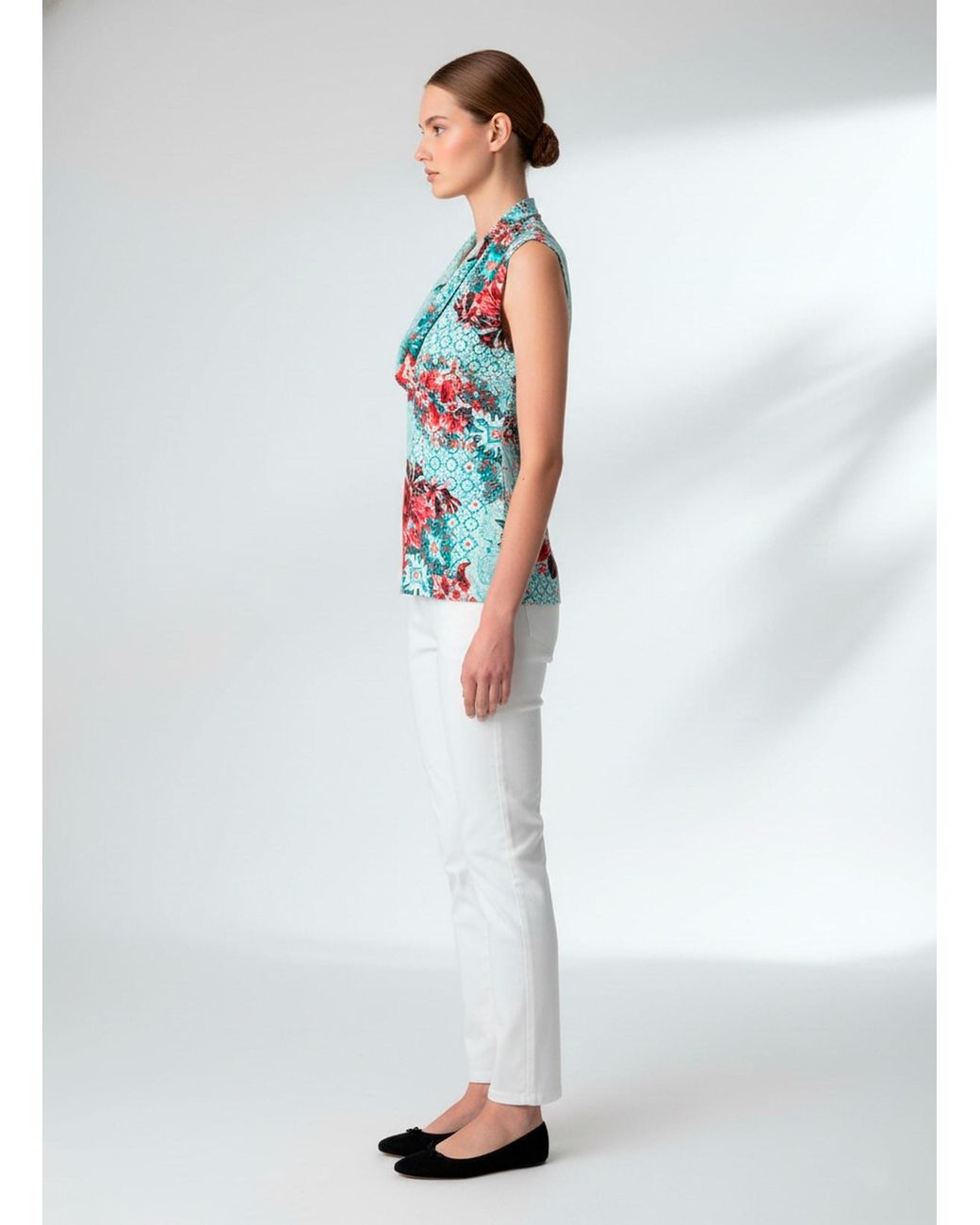 Conquista Red Chic Floral Sleeveless Top With Draped Neckline