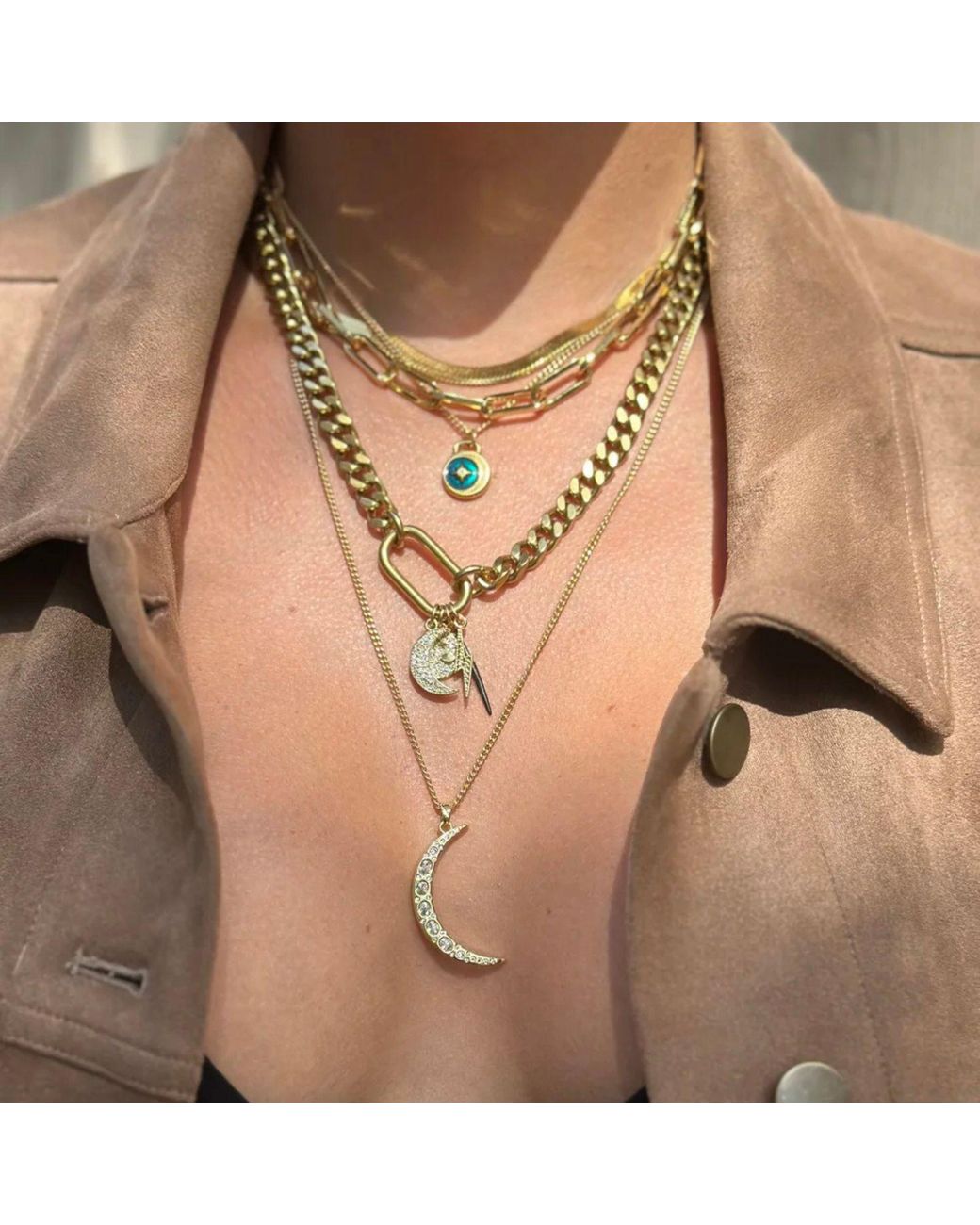 Rachel Nathan Metallic Crystal Crescent Moon Necklace