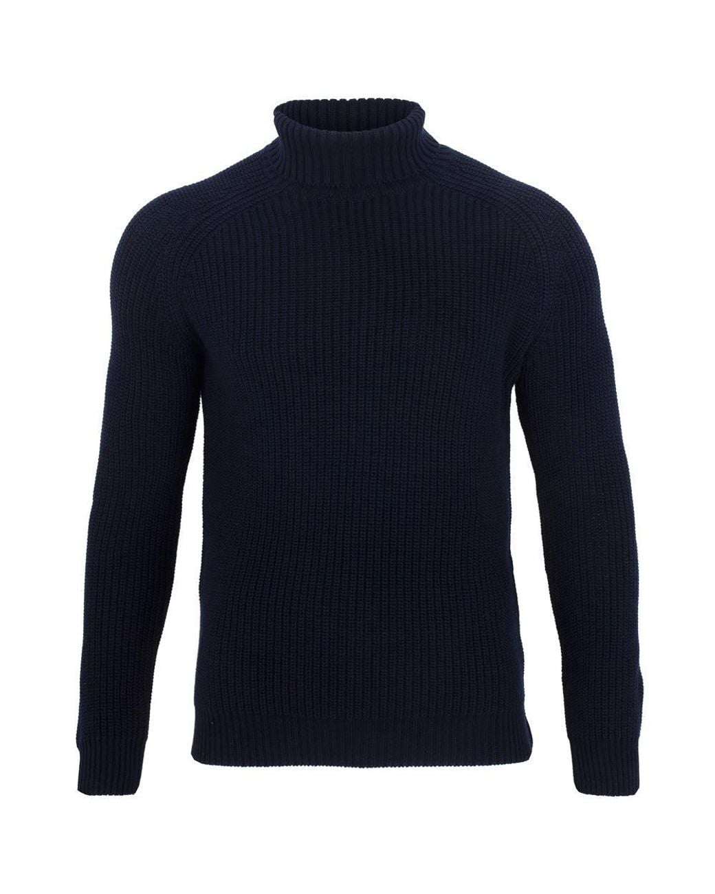 Paul James Knitwear Blue Cotton Jacob Fisherman Rib Knit Roll Neck Jumper for men