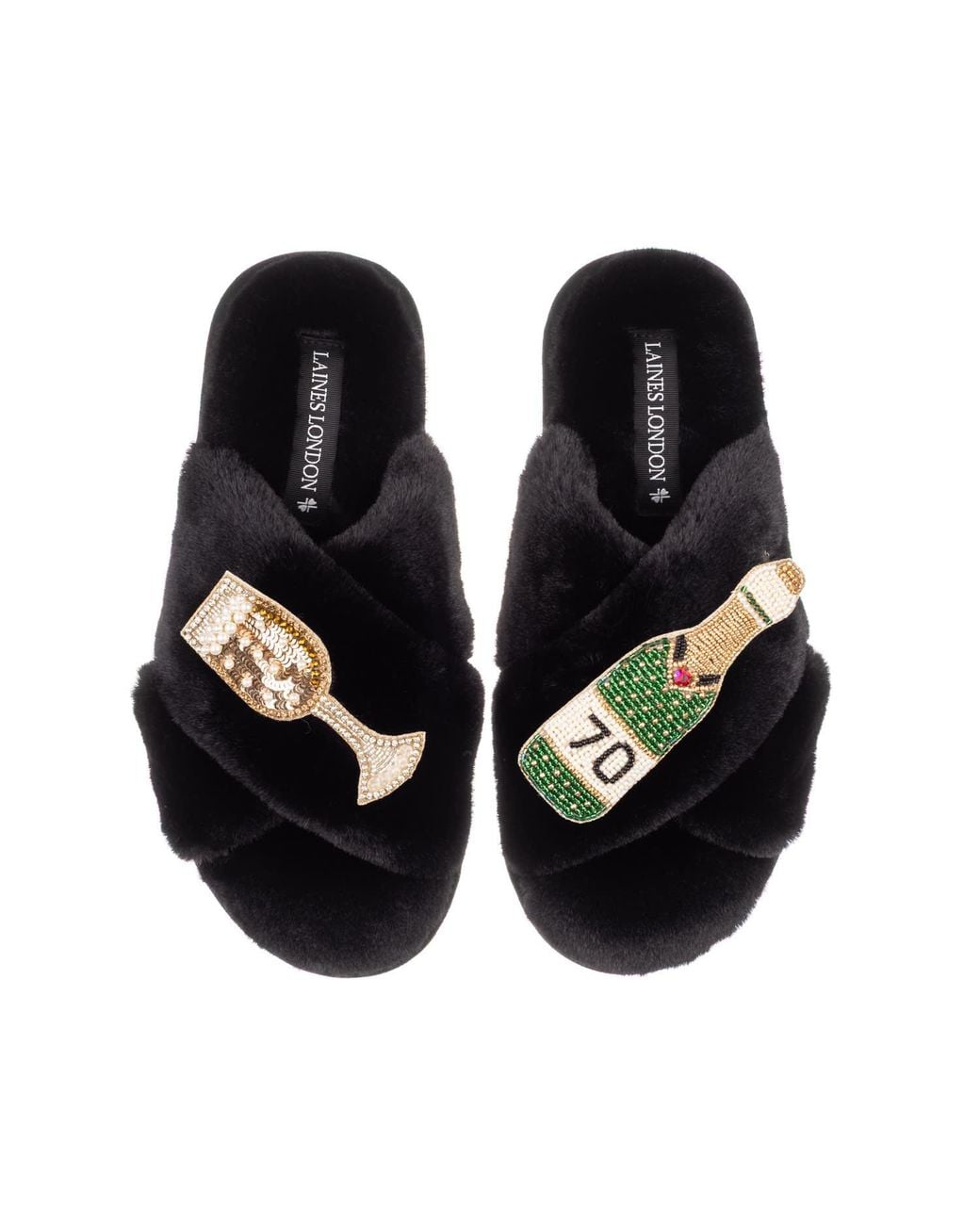 Laines London Black Classic Laines Slippers With Champagne & Glass 70Th Birthday Brooches
