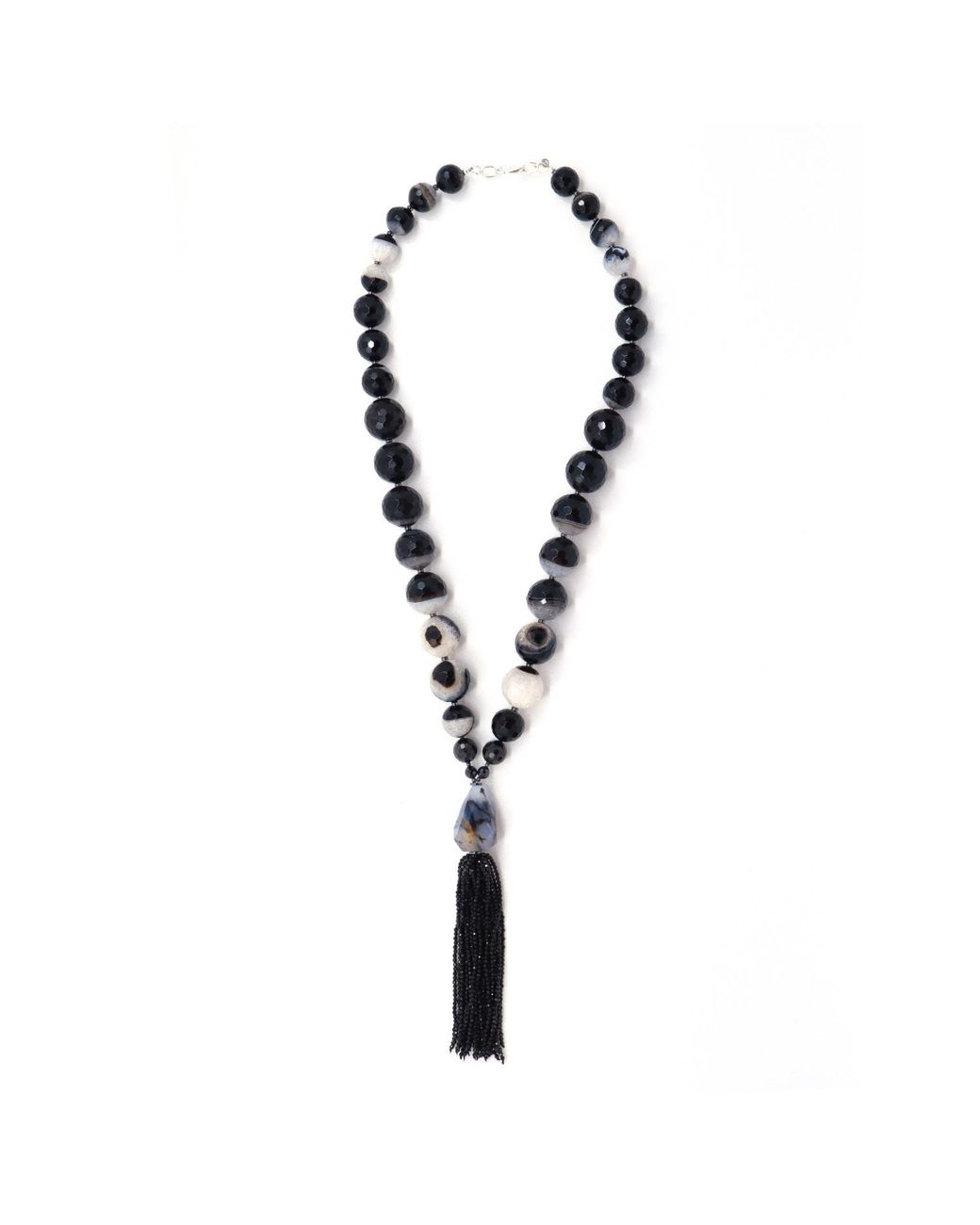 Shar Oke Metallic Clear Quartz & Agate, Cubic Zirconia & Spinel Tassel Beaded Necklace