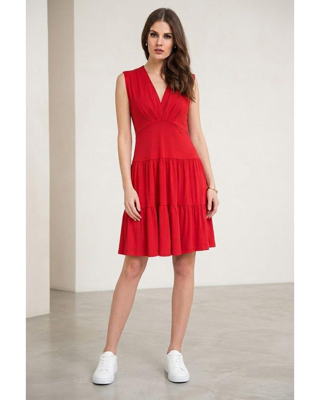 Conquista Draped V-Neck Tiered Dress
