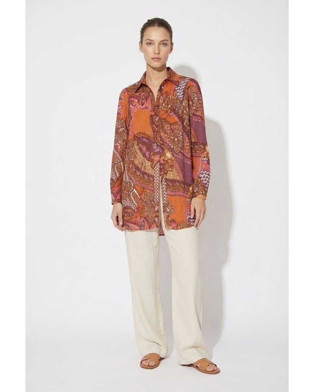 Conquista Red Printed Longline Shirt With Paisley Pattern