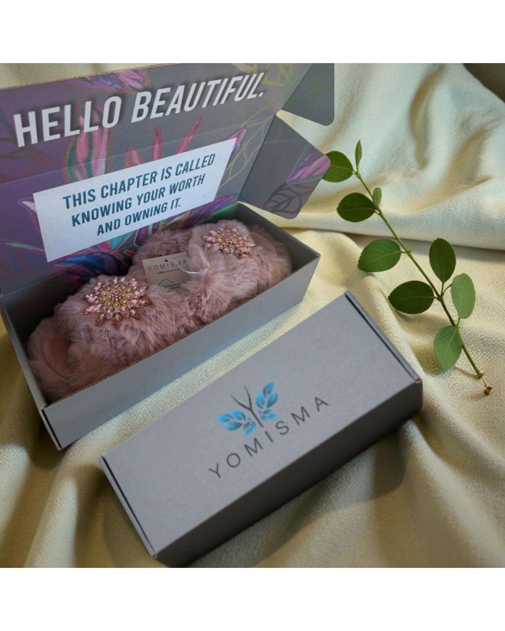 Yomisma Pink Neutrals Eco Faux Fur Slippers – Recycled Faux Fur + Removable Brooches