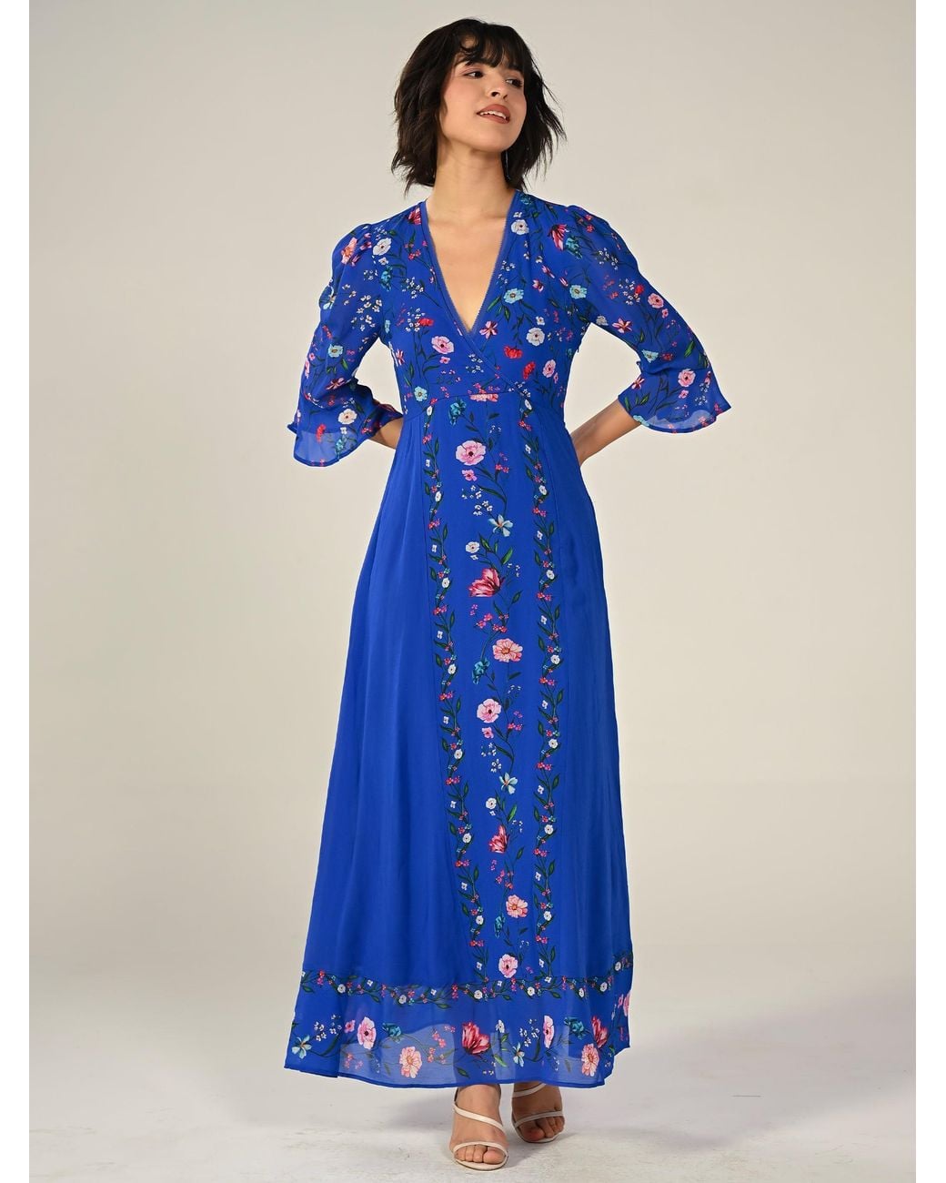 Rose & Nancy Blue Tory Botanical Floral Border Print Maxi Dress