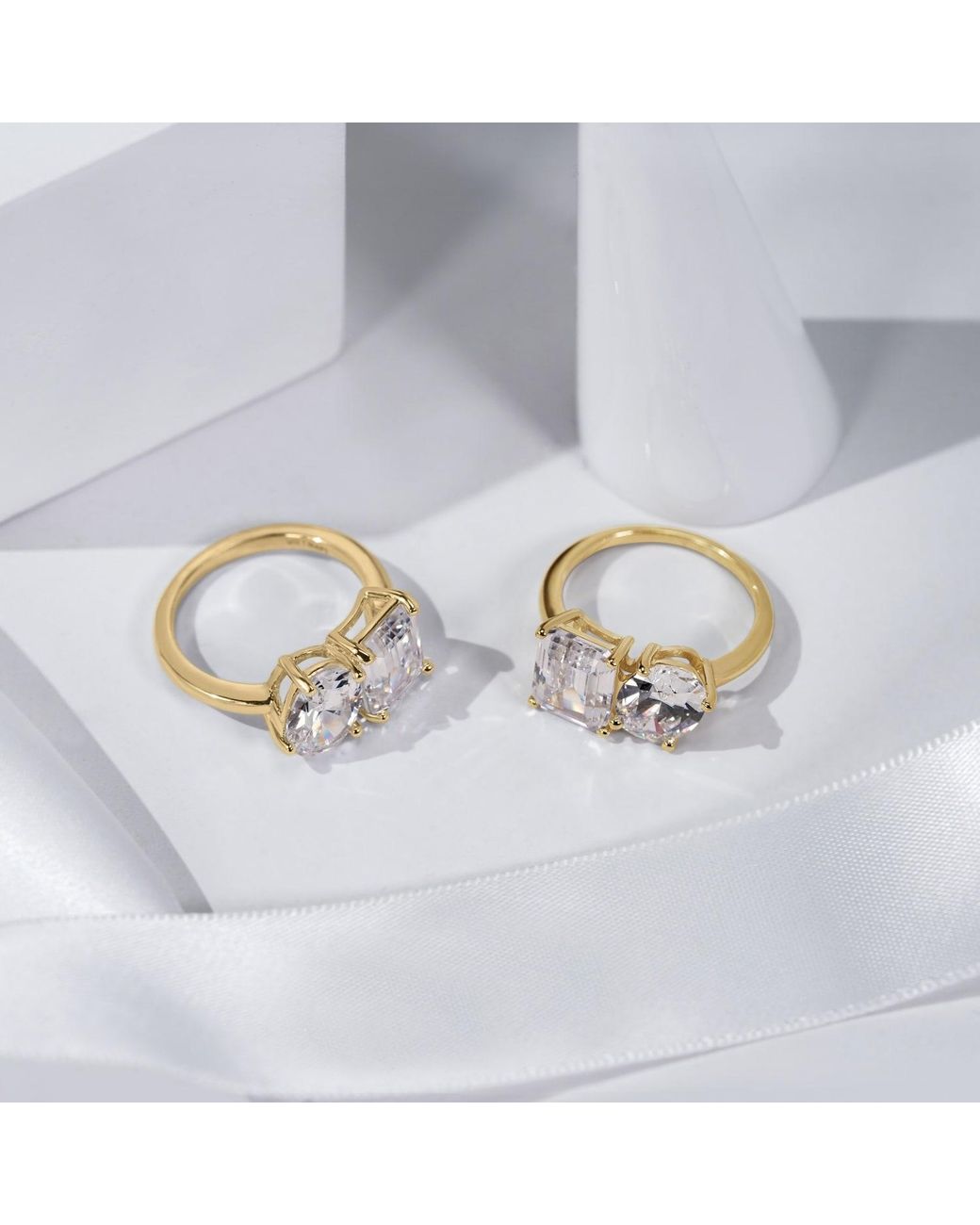 Diamonbliss Metallic Oval & Emerald Cut Two Stones Cocktail Ring