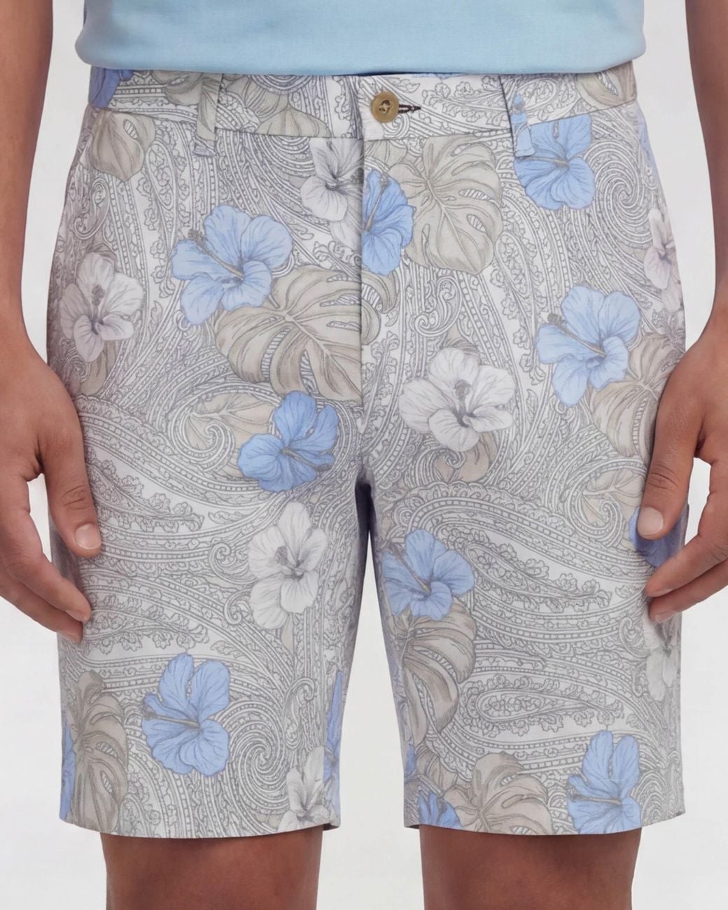 Lords of Harlech Blue Neutrals Clyde Tropical Paisley Natural Flat Front Short for men