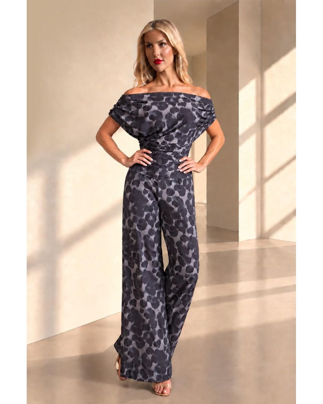 Atom Label Blue Carbon Bardot Wide Leg Jumpsuit