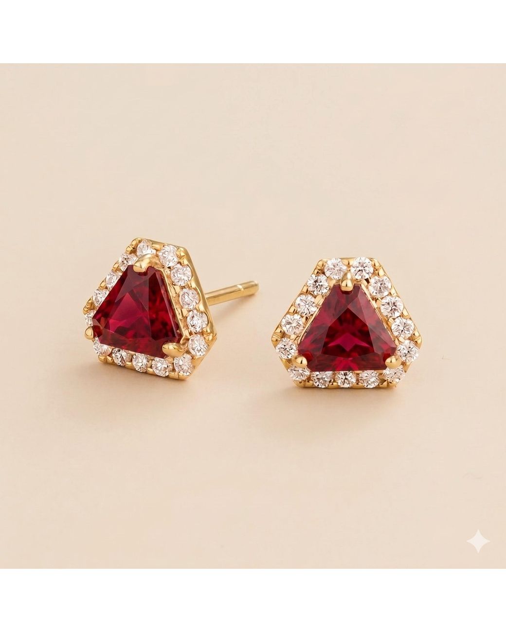 Juvetti Red Diana Ruby Triangle Cut & Diamond Halo Stud Earrings