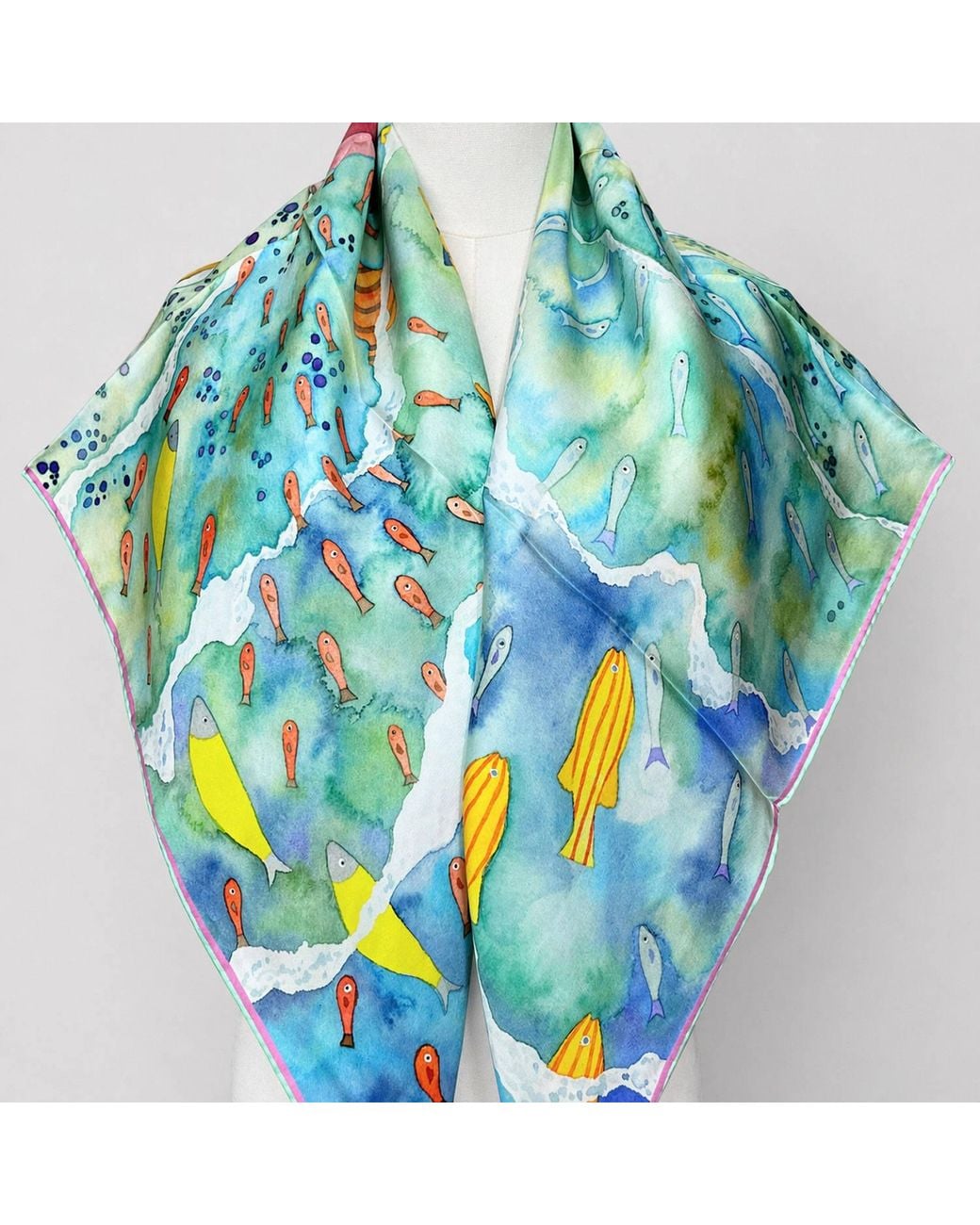 Wenzi Blue Aquatic Serenade Hand Painted Pattern Double Sided Silk Twill Scarf