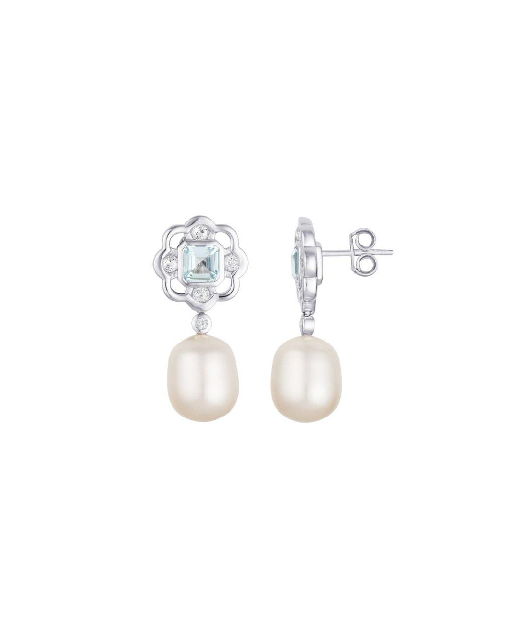 Lulu B London White Topaz & Pearl Gemstone Flower Stud Drop Earrings