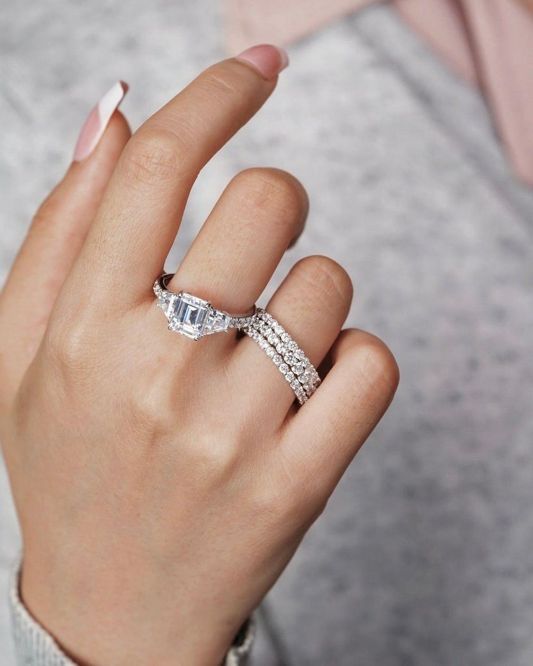 Diamonbliss White Emerald Cut With Trapeze Side Stone Engagement Ring