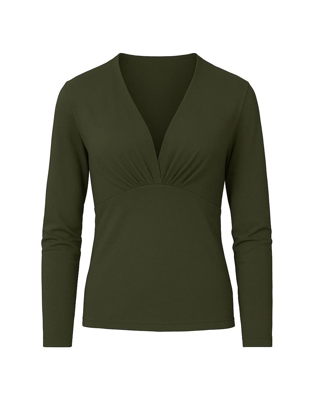 Conquista Green Viscose Elastane Jersey Top – Long Sleeve, Deep V-Neck- Dark Khaki