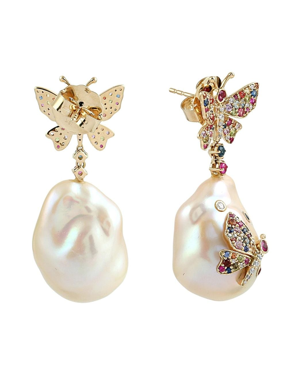 Artisan Metallic Unshaped Pearl, Chinese Sapphire & Pave Diamond Butterfly Dangle Earrings