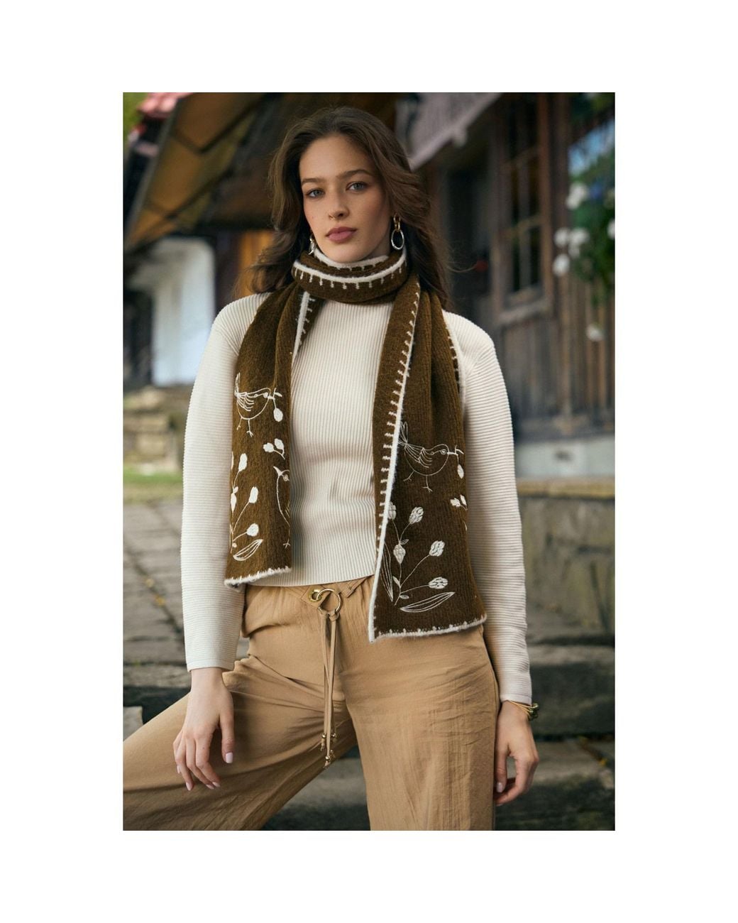 Saachi Brown Embroidered Bird Scarf