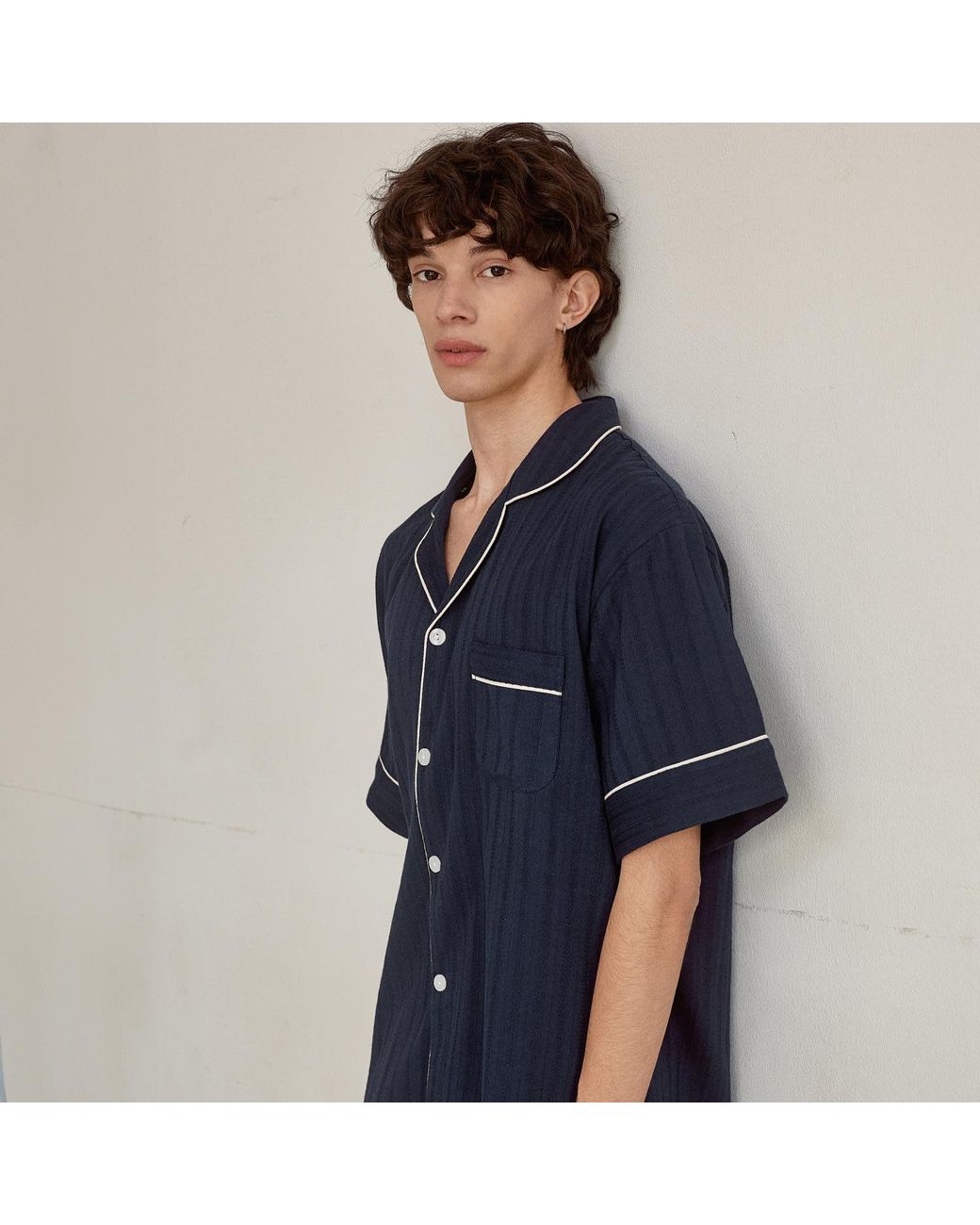 Luna Luz Blue Le Blanc Textured Cotton Short-Sleeve Pajama Set – for men
