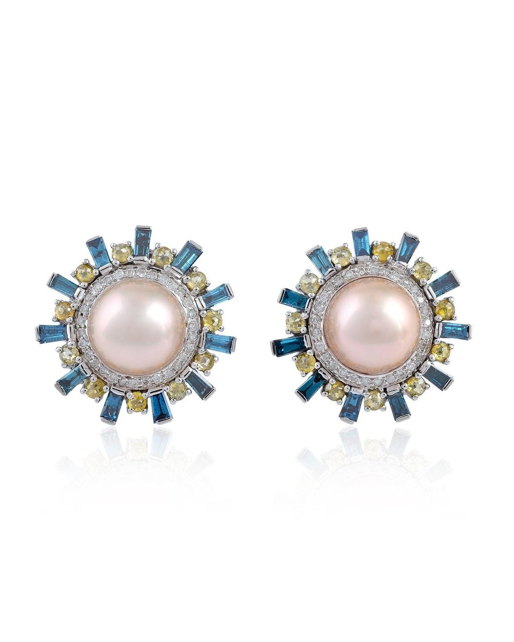 Artisan Blue 18K Pearl, Colored Diamond & Diamond Sunburst Stud Earrings