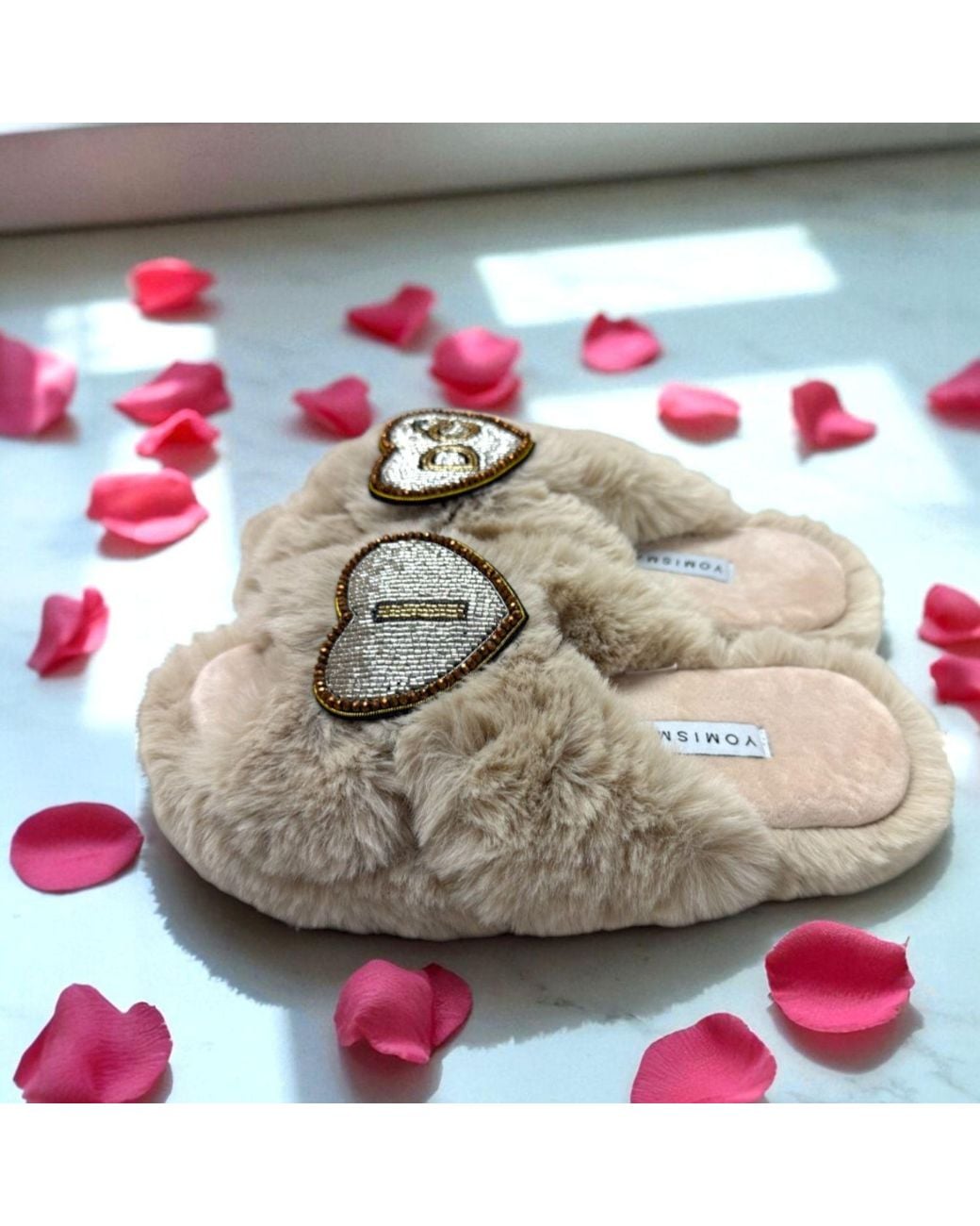 Yomisma Gray Neutrals Eco Faux Fur Slippers – Recycled Faux Fur + I Do Wedding Removable Hand Beaded Brooches