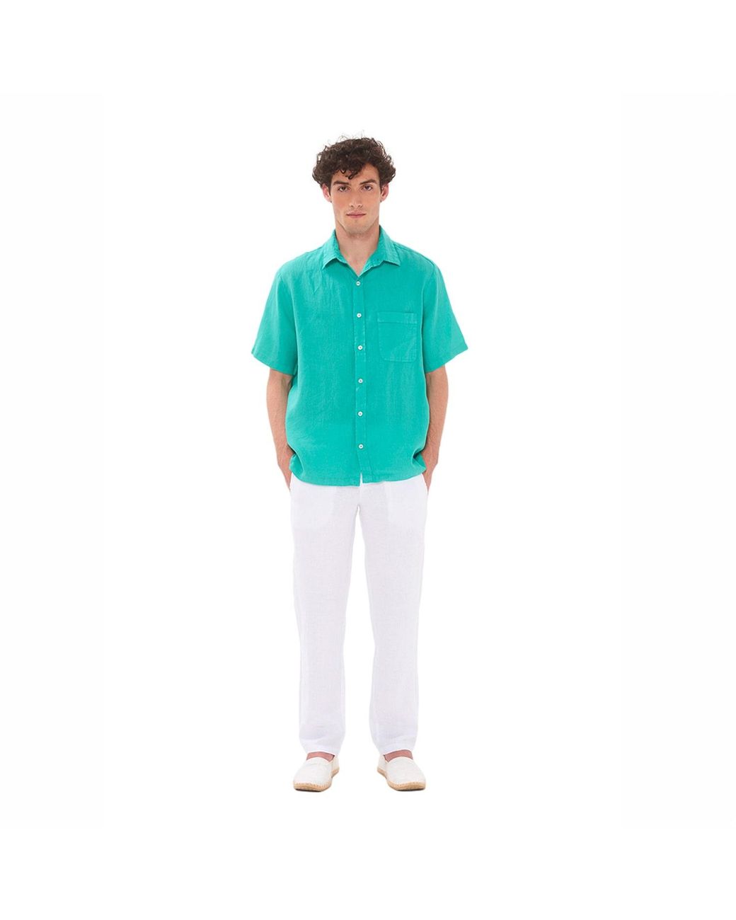 Haris Cotton Blue Short Sleeved Front Pocket Linen Shirt- Crystal for men
