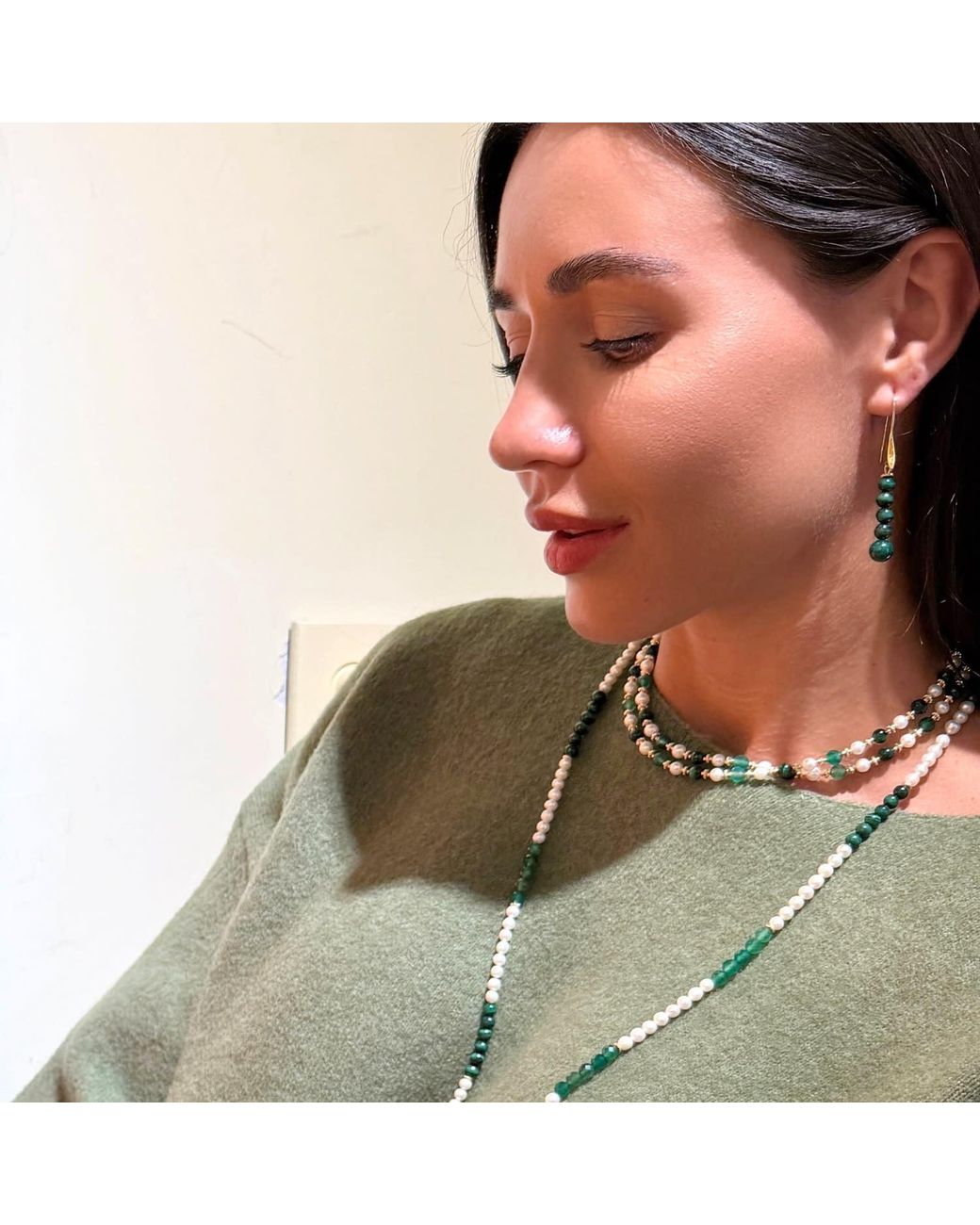 Farra Green Malachite Beaded Threader Earrings