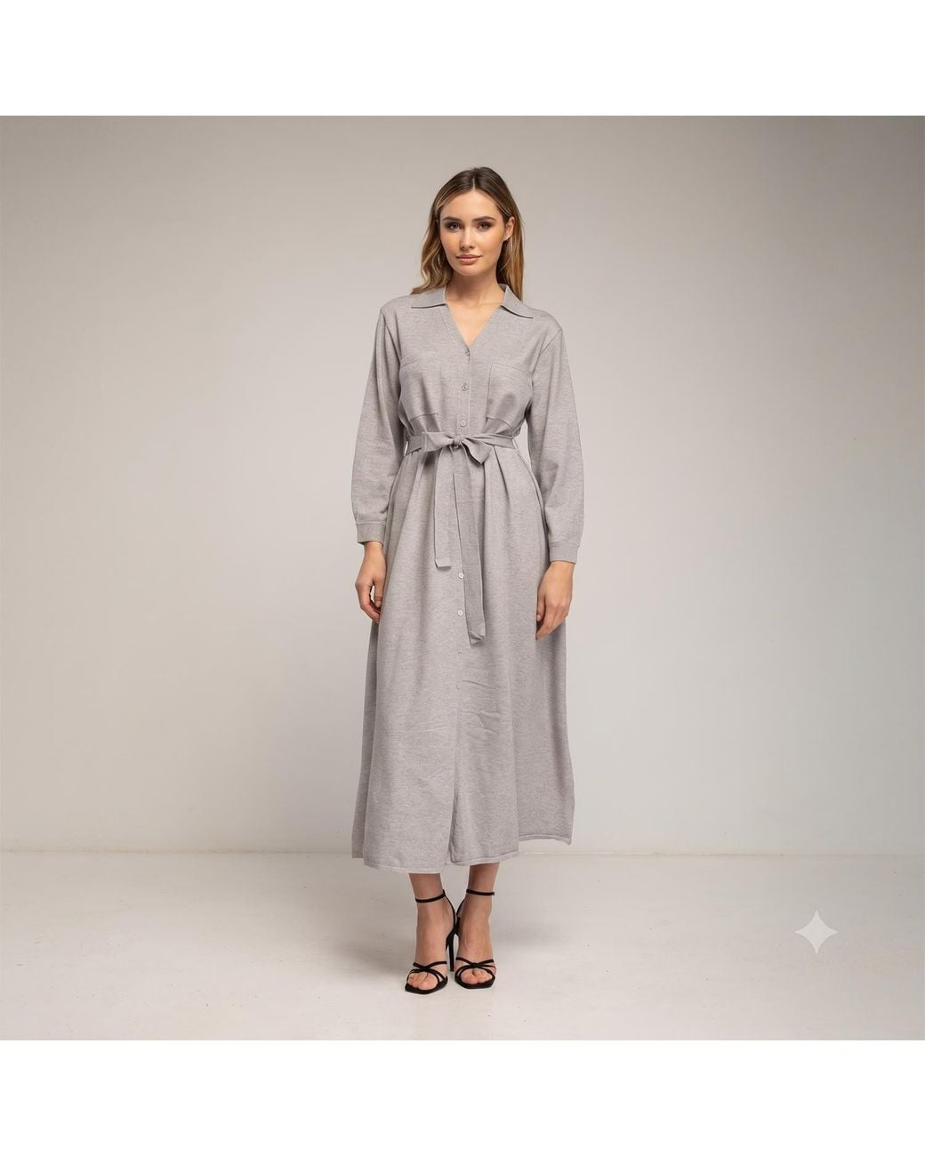 Tantra Spain Sl Gray Long Knit Shirt Dress With Chest Pockets And Belt