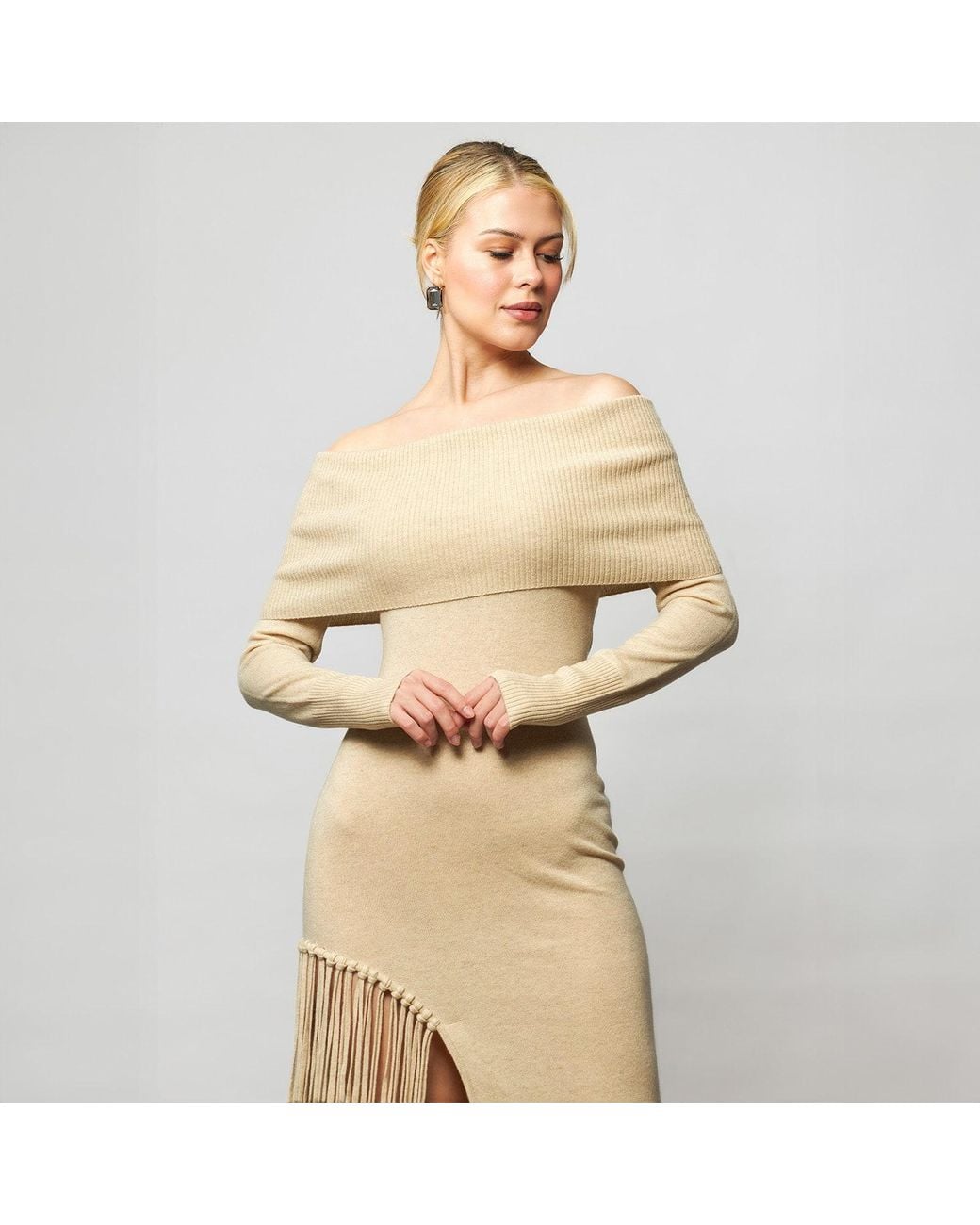 Solgo Atelier Natural Neutrals Peris Off-Shoulder Cashmere Maxi Dress