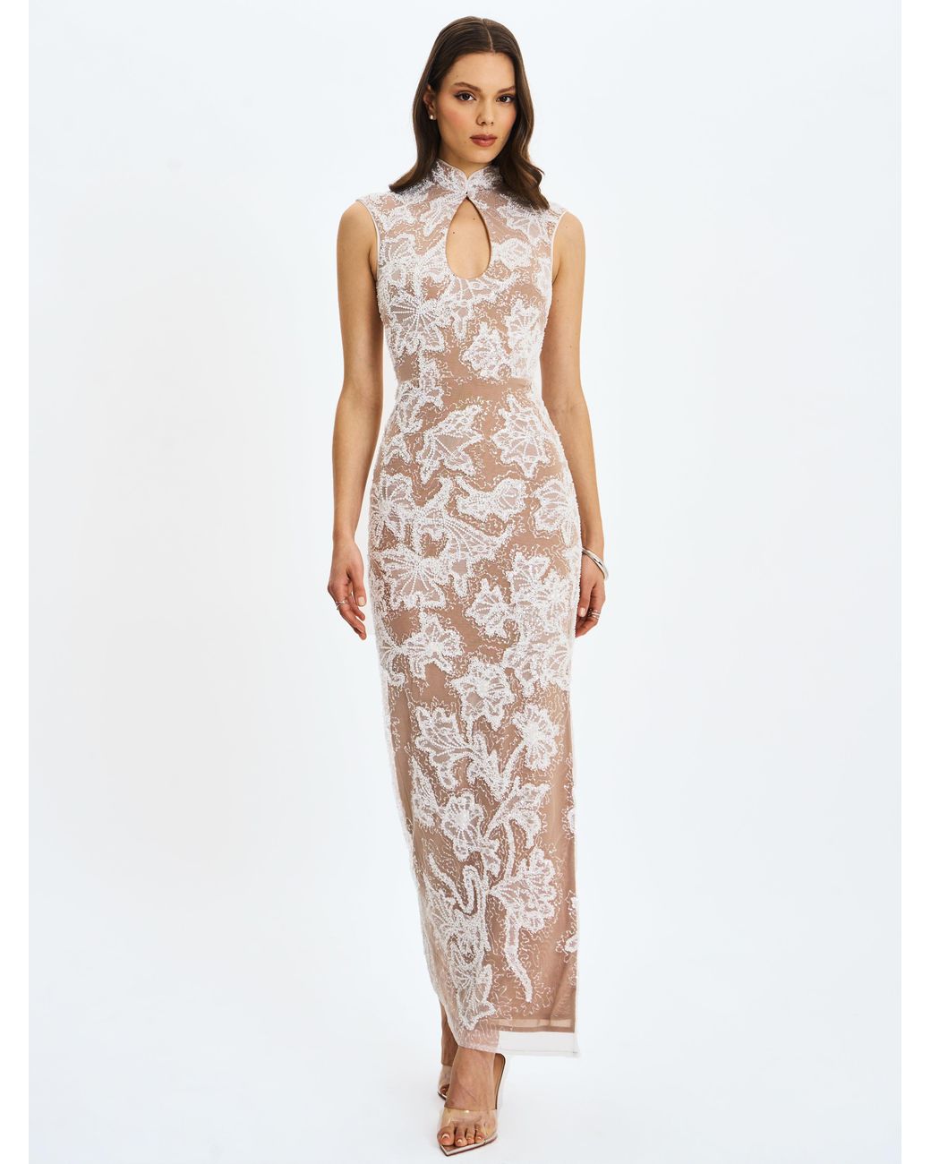 Miss Circle New York Gray Tavia Beaded Teardrop Neckline Maxi Dress