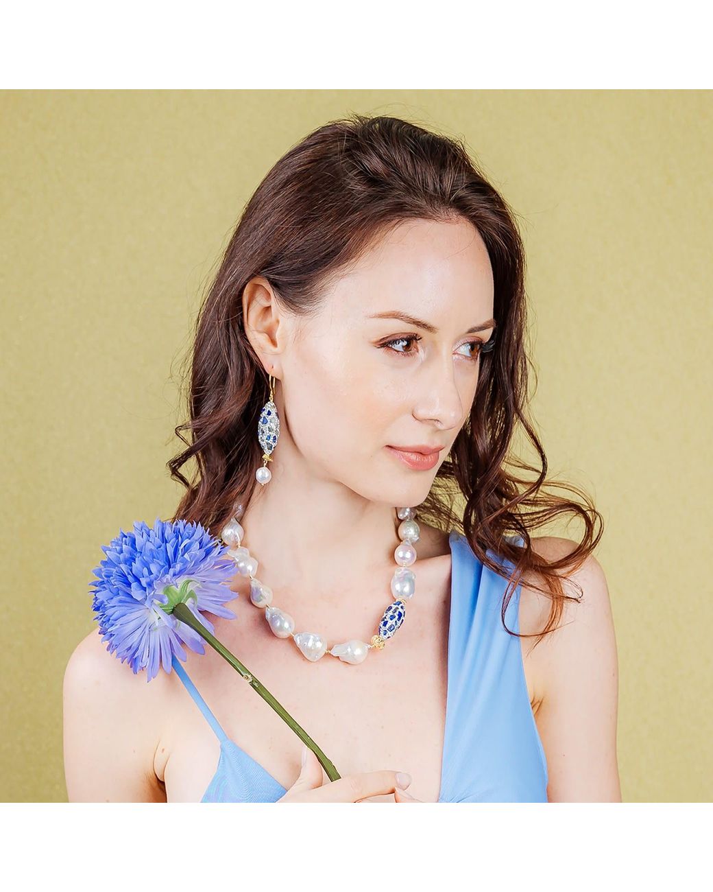 Farra Multicolor Rhinestones Bordered Lapis With Freshwater Pearls Dangle Earrings
