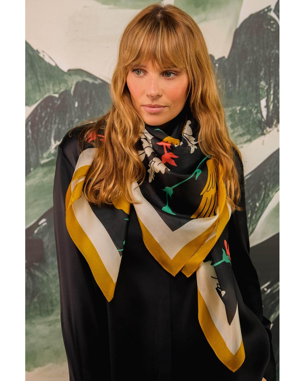 Artemis Muse Black Regal Doves & Lions & Colourful Luxury Silk Scarf