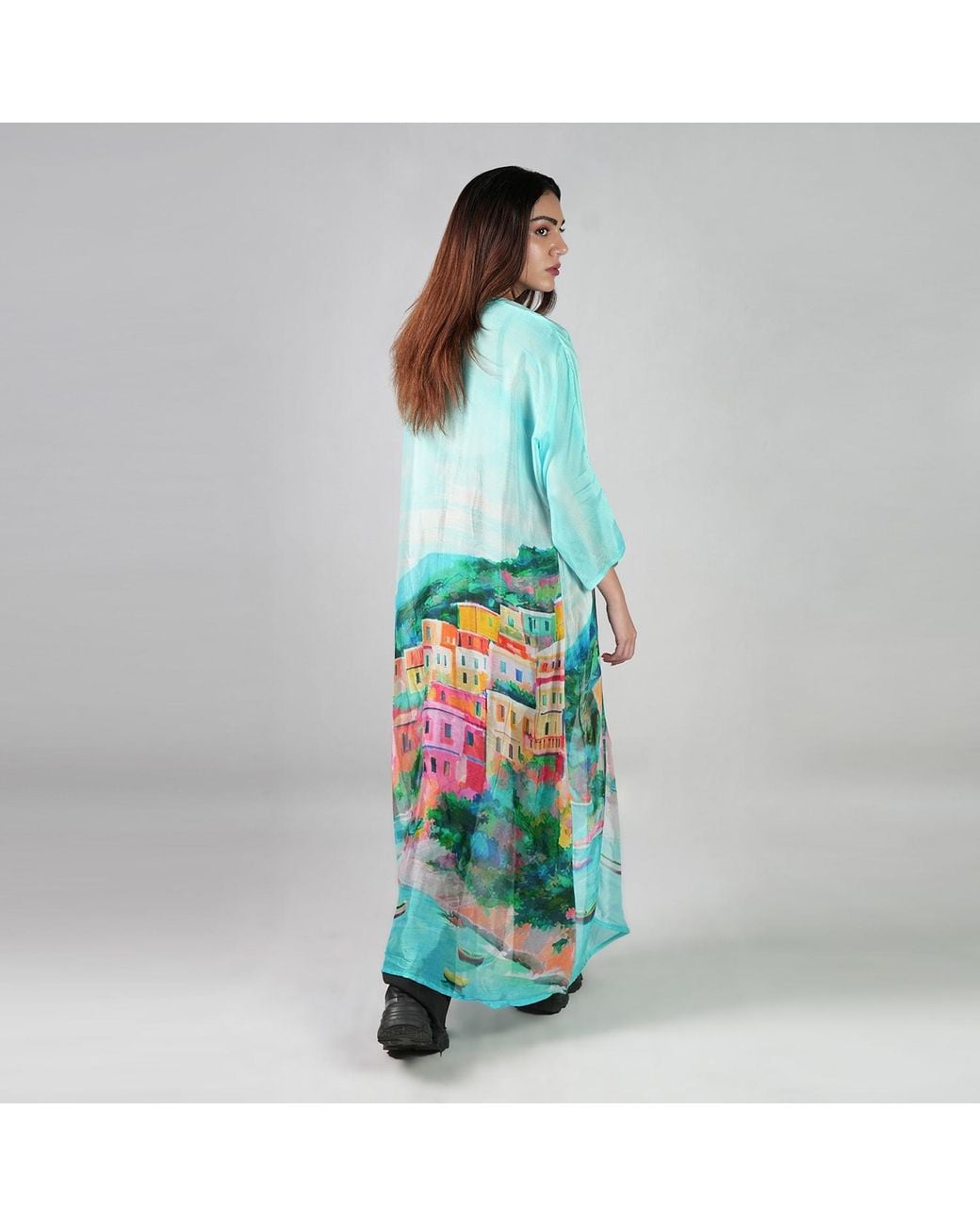 DHARA SHETH DUBAI Blue La Dolce Riviera Mediterranean Long Kimono Dress
