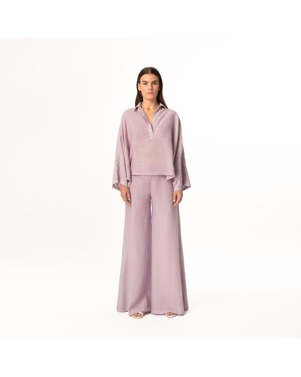 Haris Cotton Pink Batwing Long Sleeve Linen Blouse