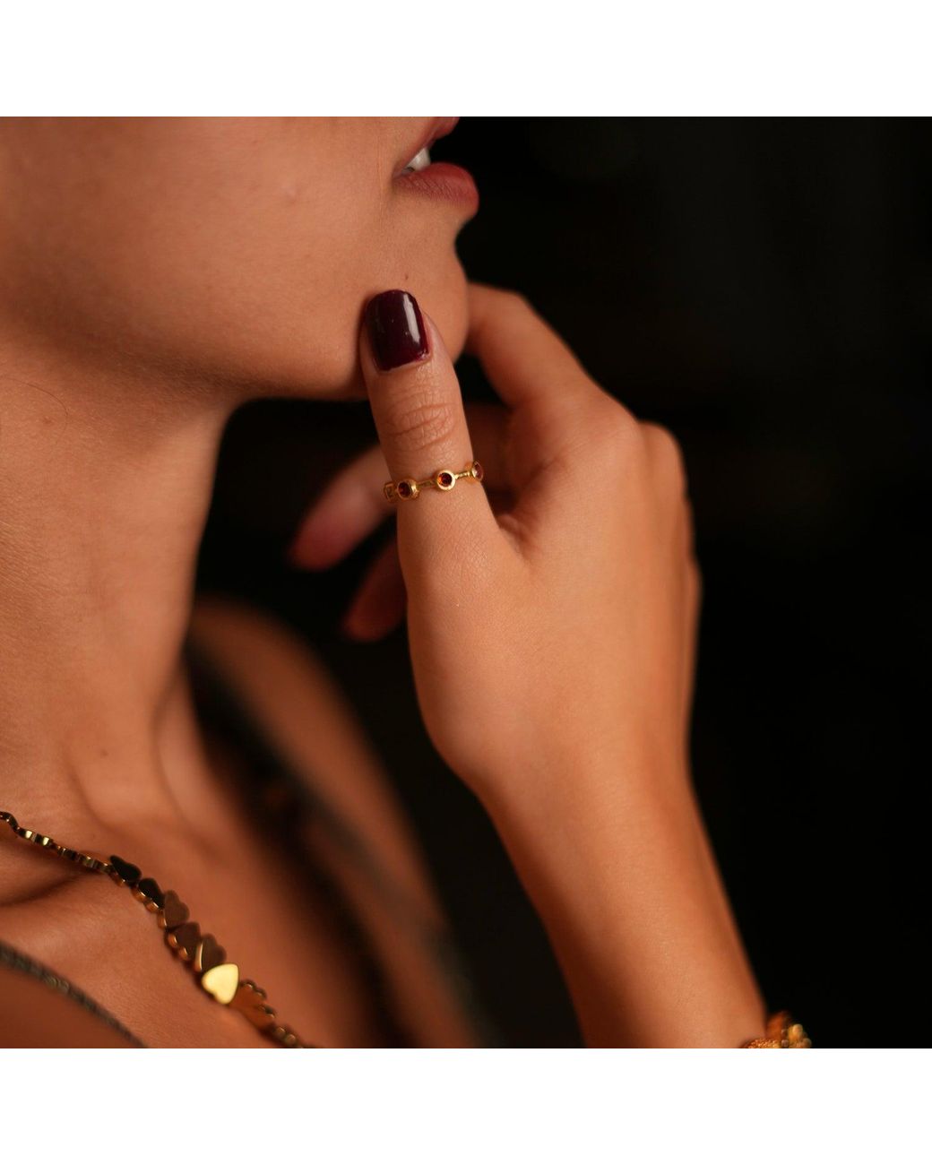 Ebru Jewelry Metallic Minimalist Ruby Stone & Stackable Adjustable Ring