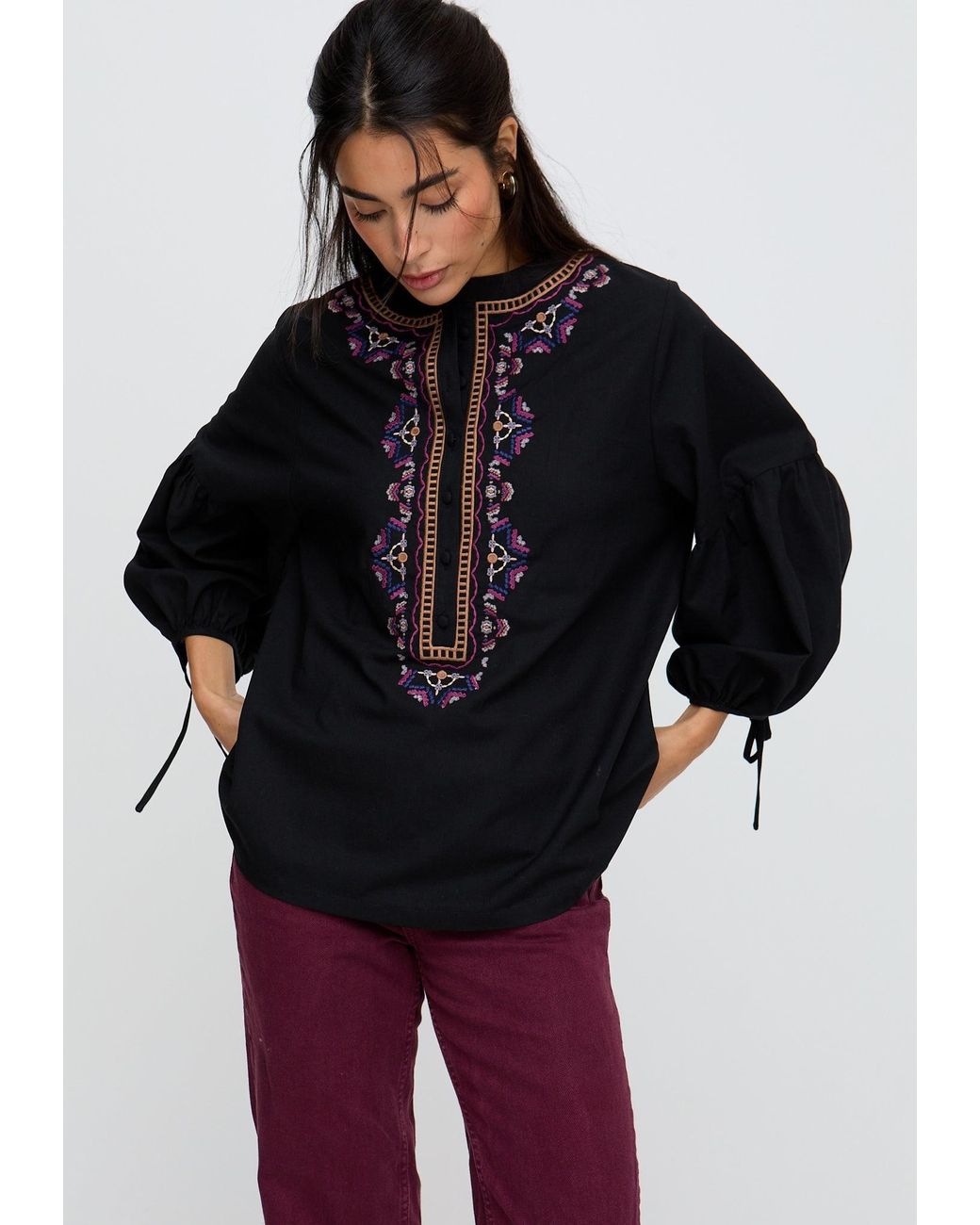 Raffya Black Anai Half Placket Embroidered Blouse