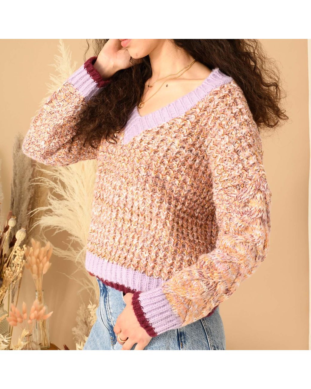 Cara & The Sky Pink Amy V-neck Cable Jumper