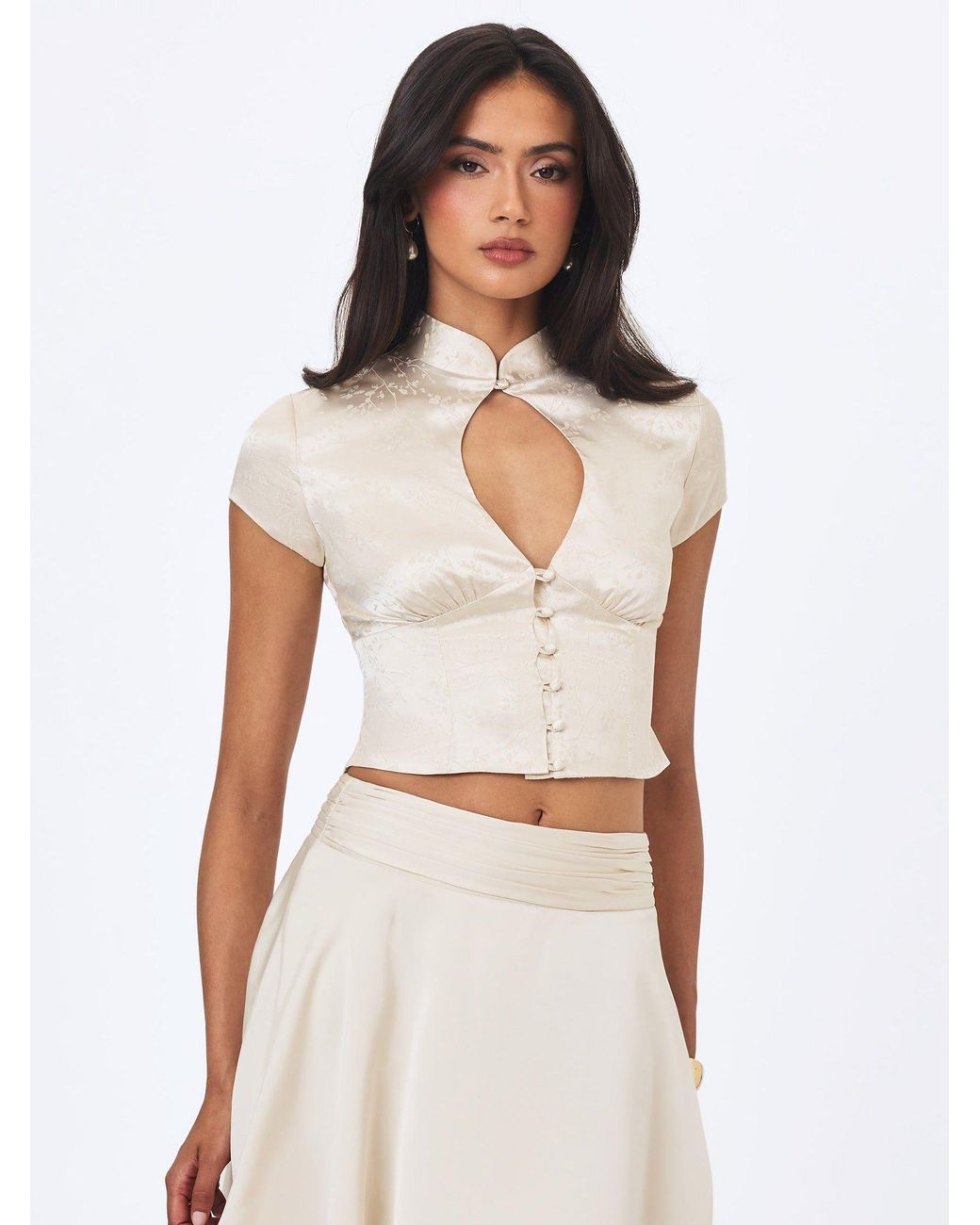 Miss Circle New York White Galilea Ivory Floral Jacquard Keyhole Mandarin Collar Top