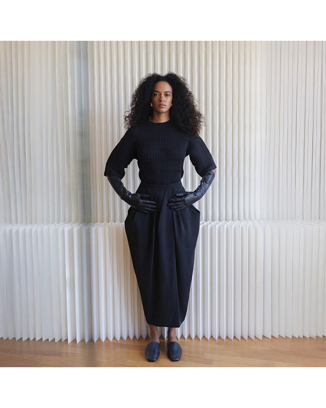 London Atelier Byproduct Black Woven Leather Long Gloves