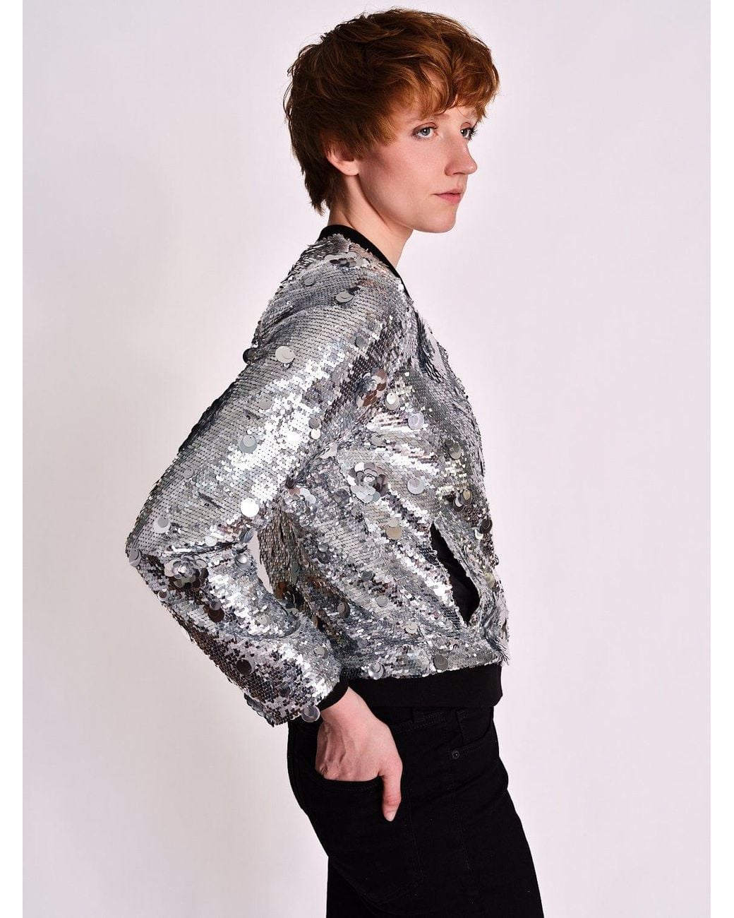 Any Old Iron Gray Petal To The Metal Sequin Bomber Jacket