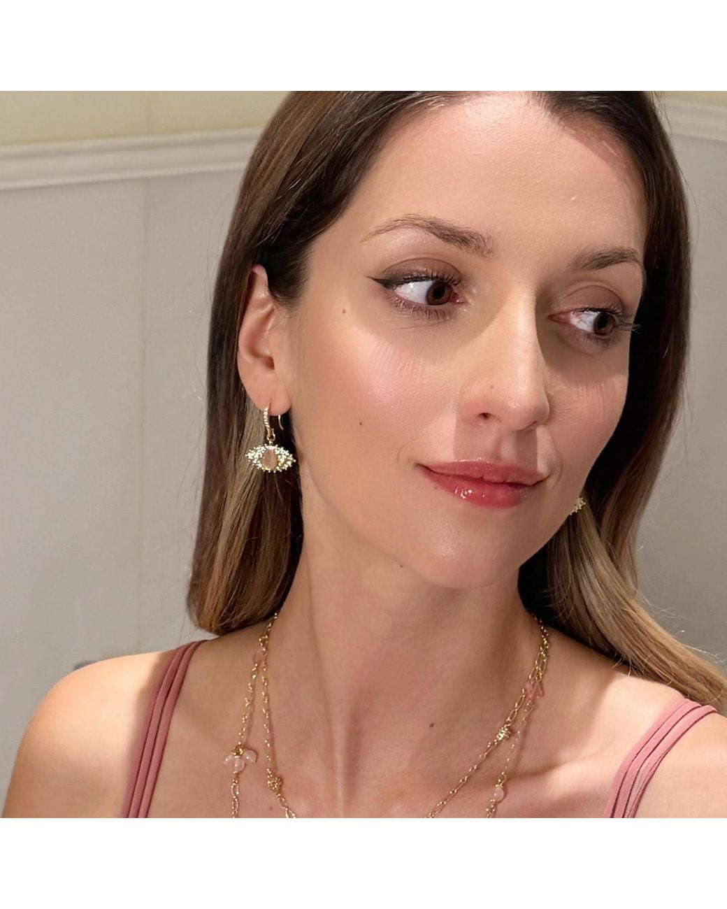 Farra Metallic Evil Eye Adorned Rose Quartz Stone Earrings