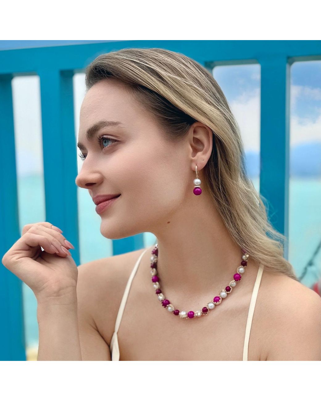 Farra Purple Freshwater Pearls With Gemstone Earrings