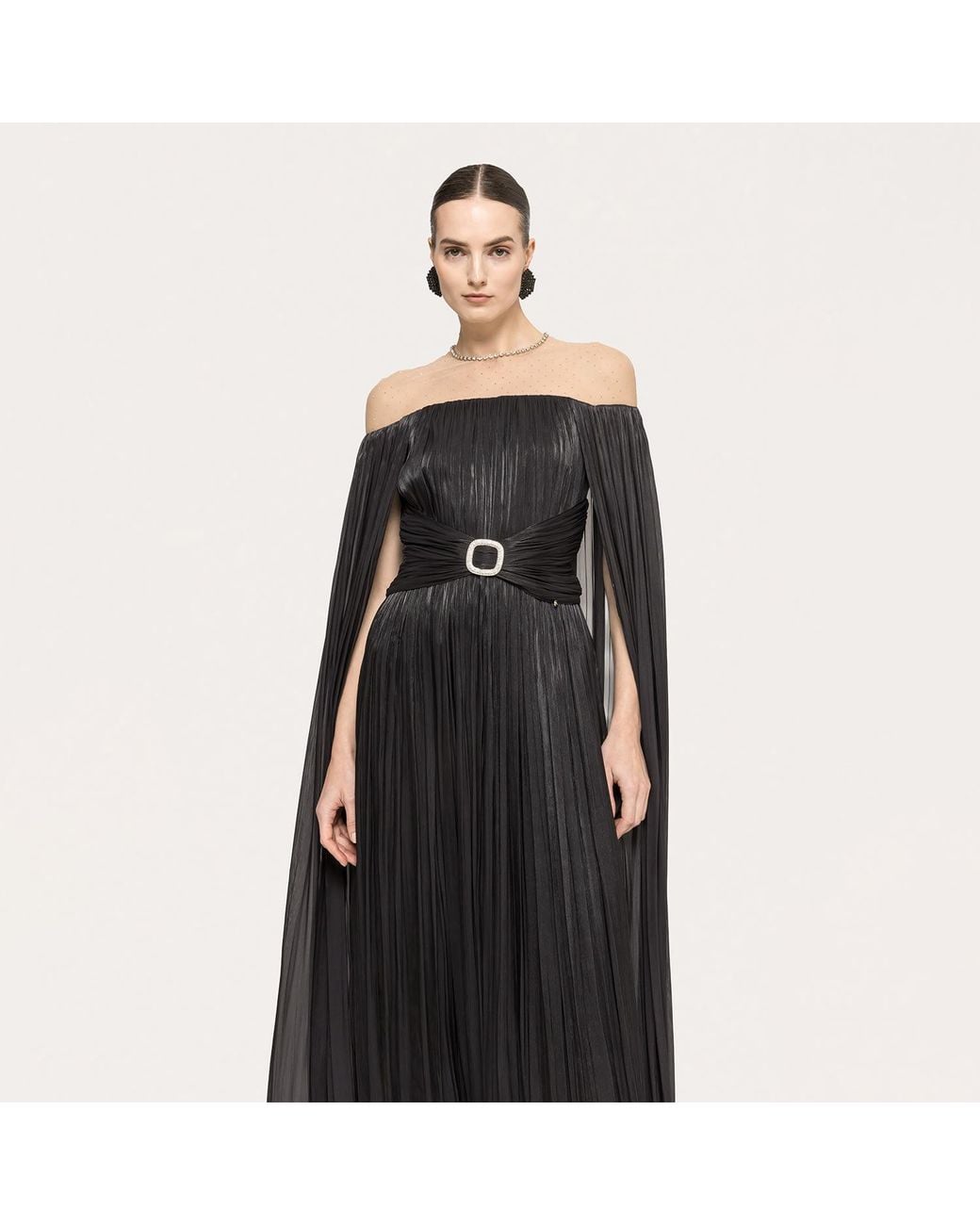 Nissa Black Cape-Design Chiffon Maxi Dress