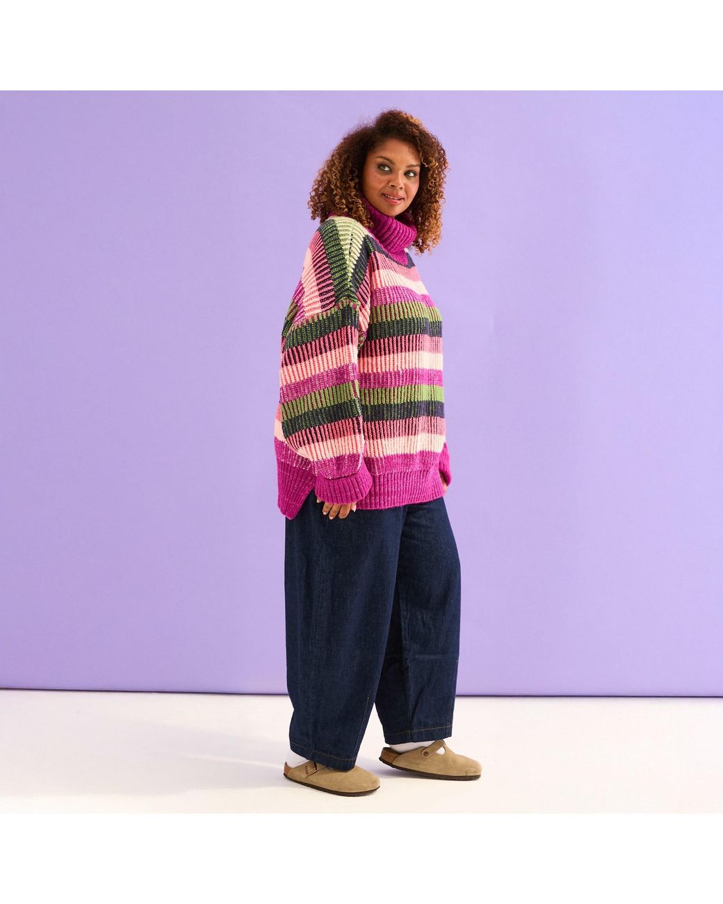 Cara & The Sky Purple Tasha Oversized Balloon Sleeve Stripe Roll Neck Jumper