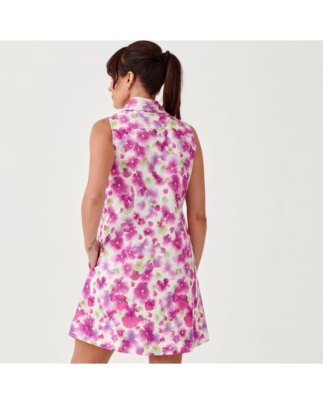 Perlavera Purple Carmina Flowers Printed Cotton Sleeveless Slim Fit Mini Dress