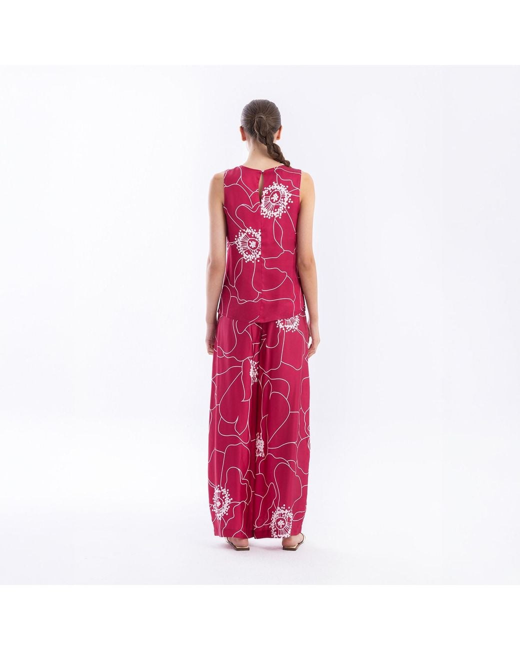 Haris Cotton Red Printed Satin Pants Fuchsia Peonies