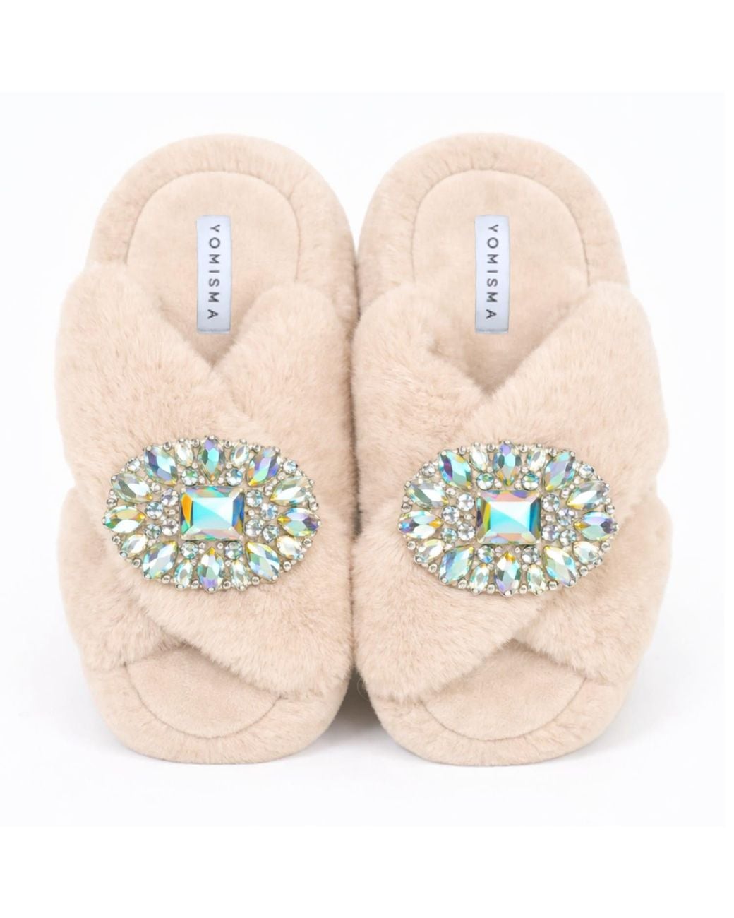 Yomisma Natural Neutrals Eco Faux Fur Slippers – Recycled Faux Fur + Removable Iridescent Brooch